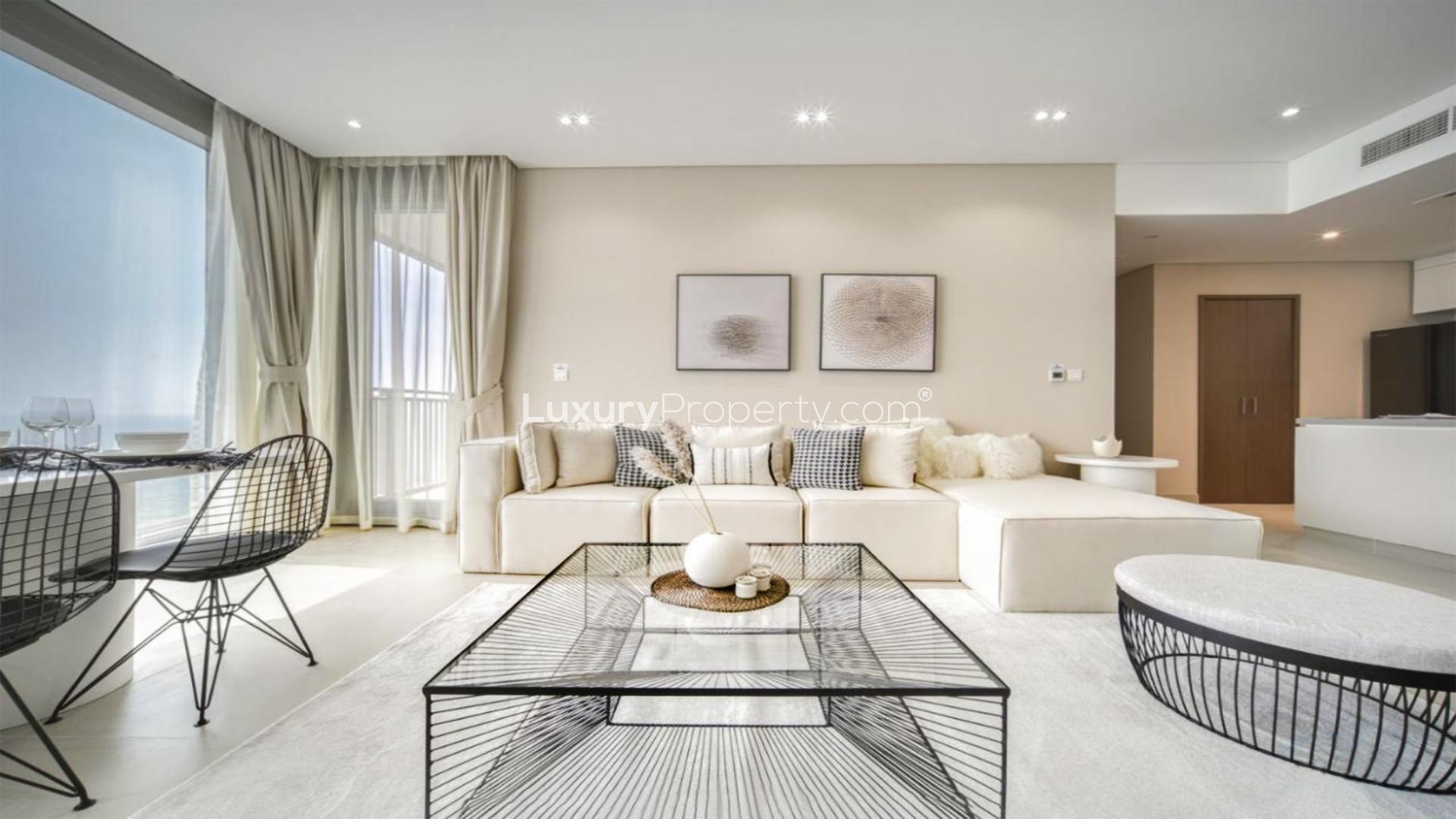 Luxurious furnished living room with sea view in Dubai Marina apartment for rent