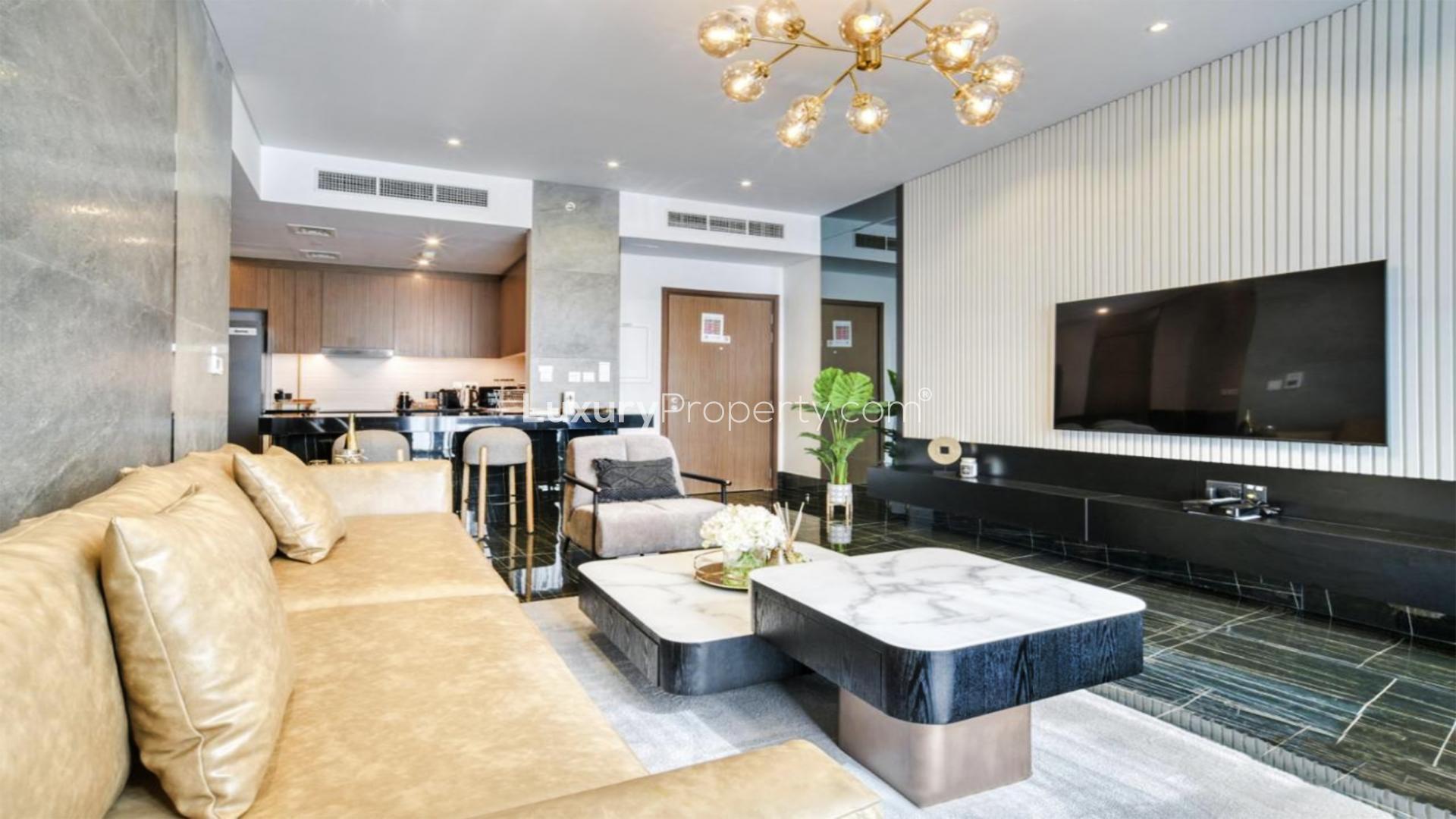Luxurious living room in fully upgraded Dubai Marina apartment with modern furnishings