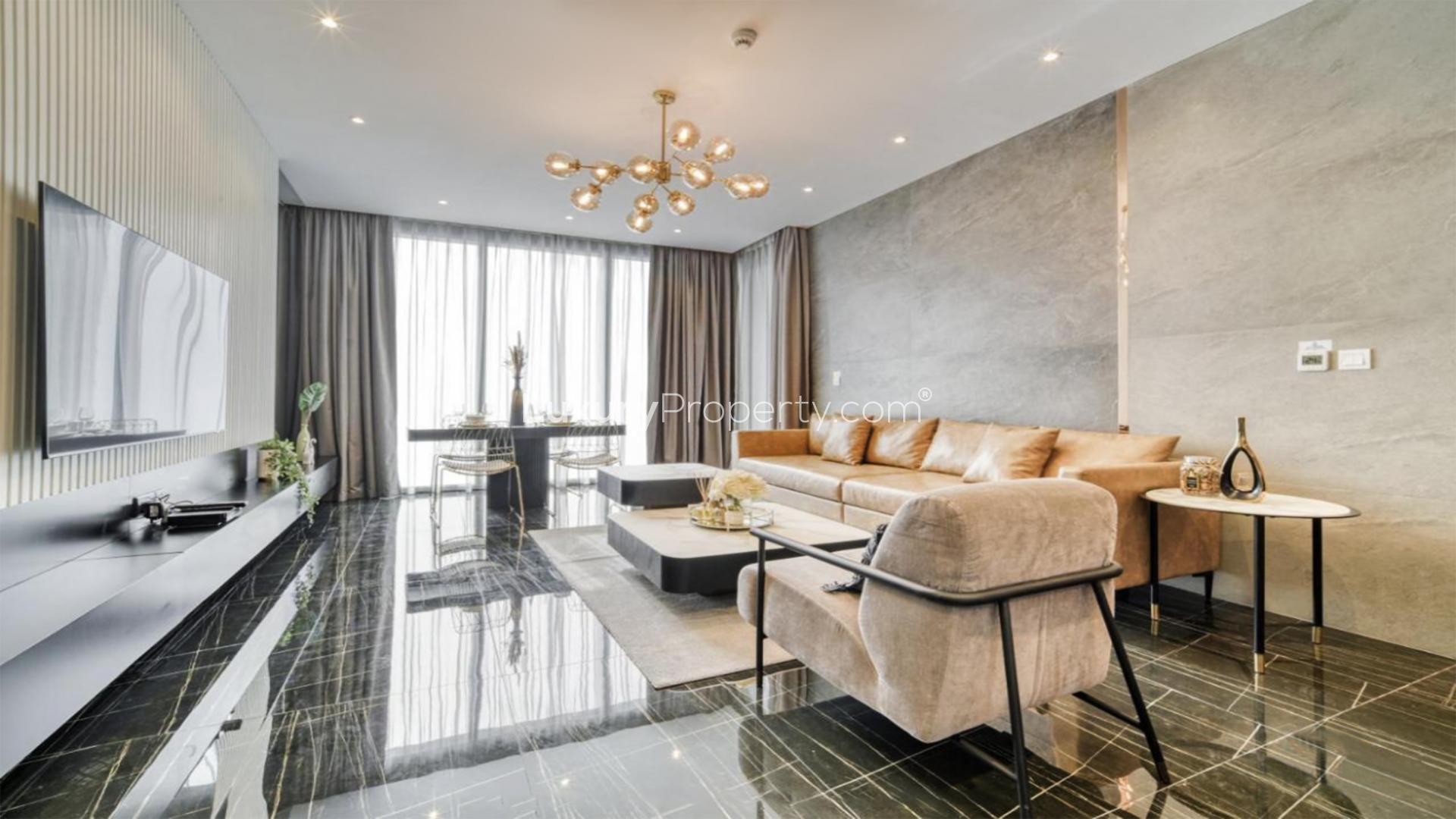 Modern furnished living room in 2-bedroom apartment, Dubai Marina, full sea views, for rent