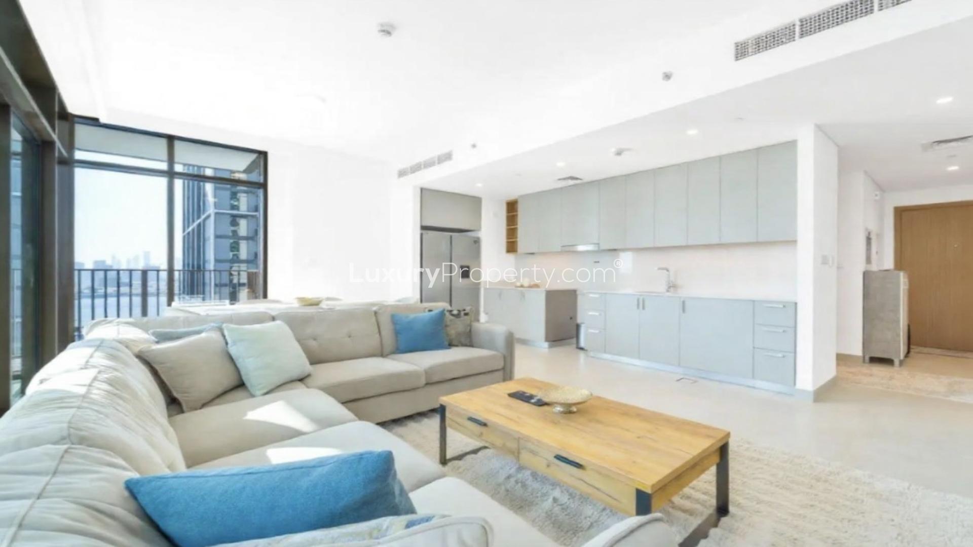 Modern living room in furnished 2-bedroom apartment, Creek Crescent, Dubai Creek Harbour