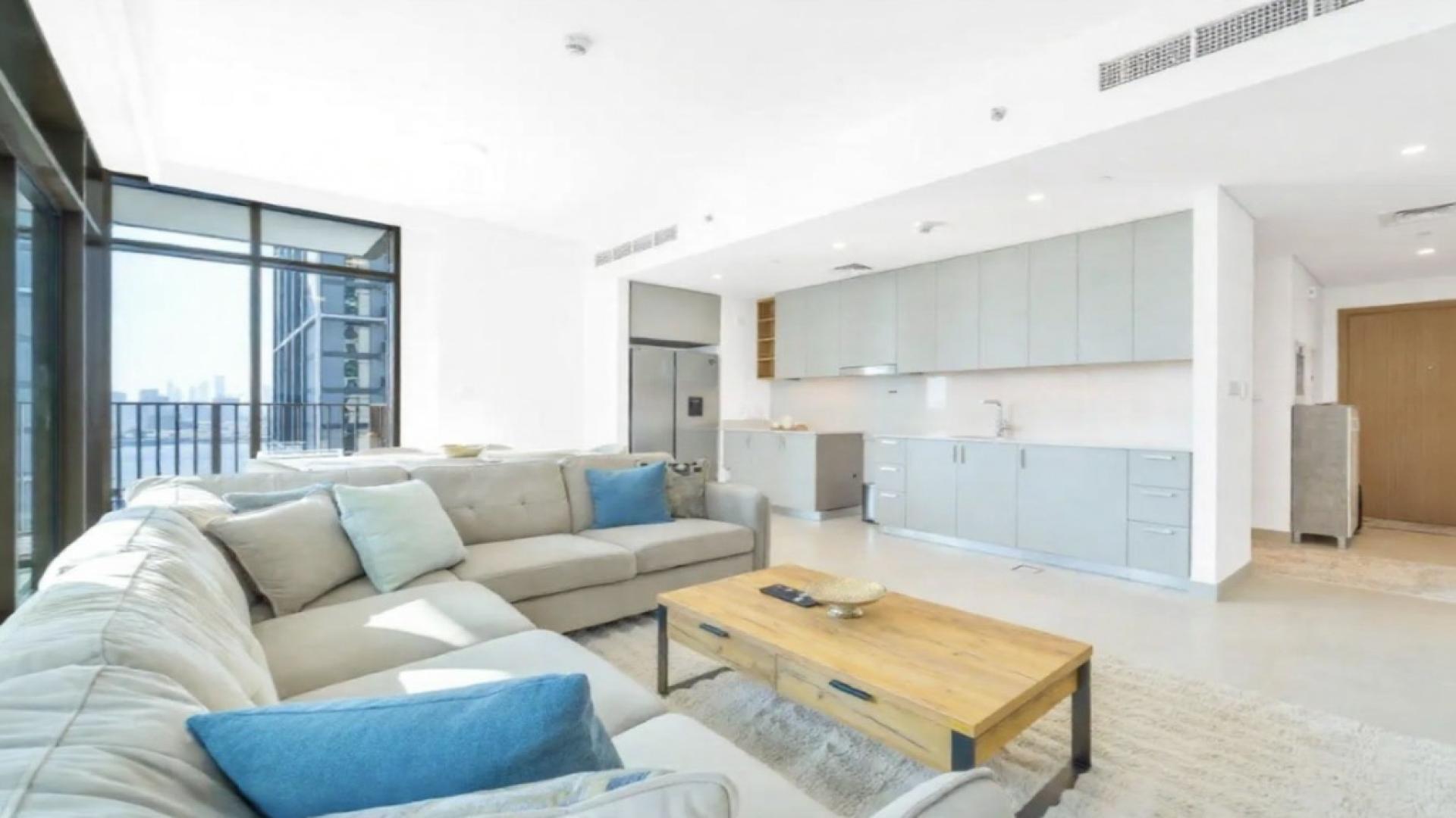 Modern living room in furnished 2-bedroom apartment, Creek Crescent, Dubai Creek Harbour