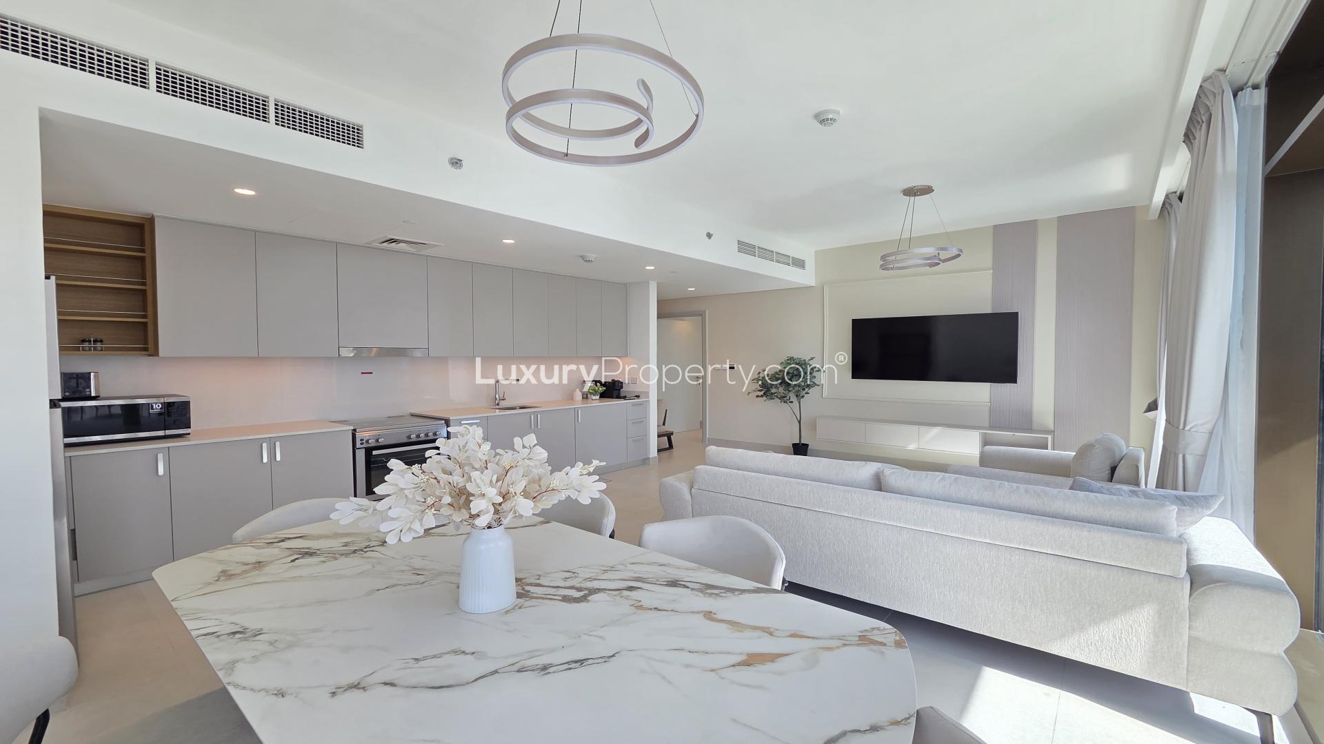 High-floor, fully furnished living area in Dubai Creek Harbour apartment, Creek Crescent