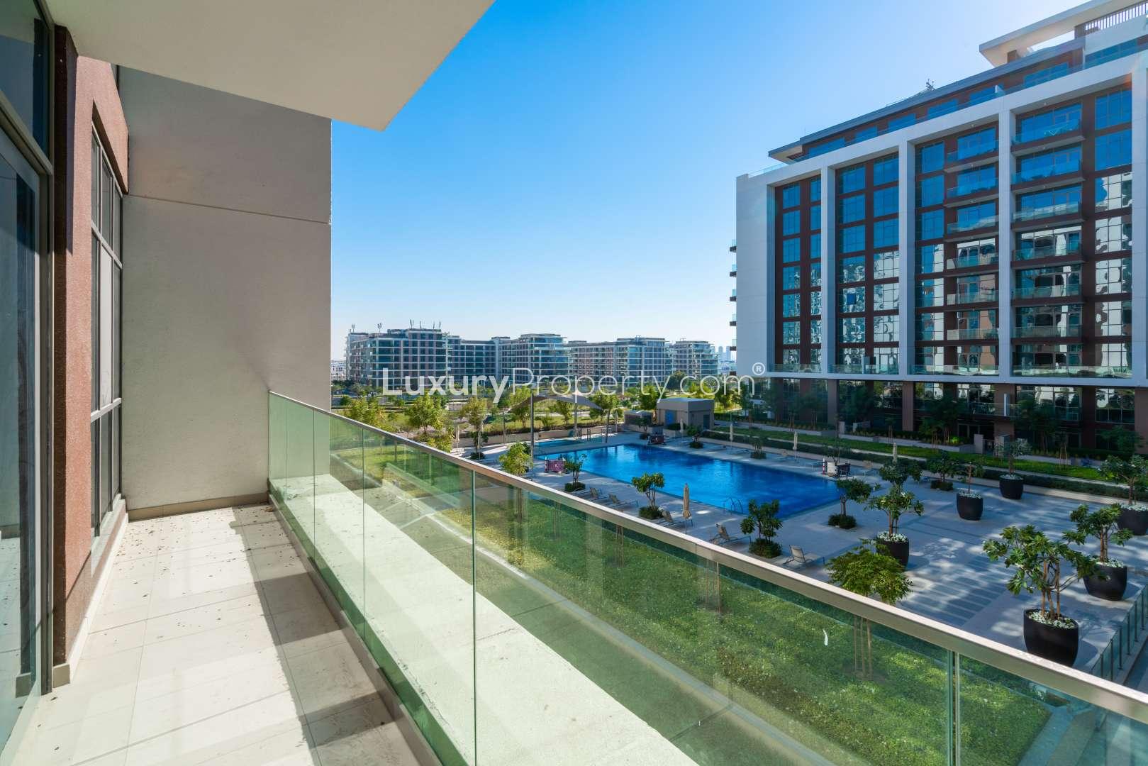 Gorgeous apartment exterior with pool view in Acacia Park Heights, Dubai Hills Estate