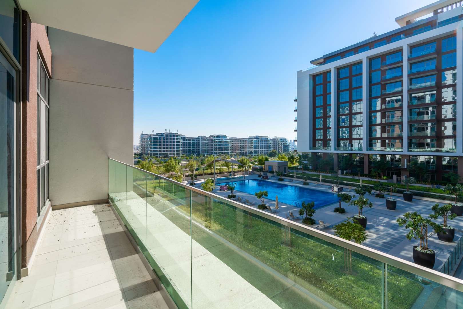 Gorgeous apartment exterior with pool view in Acacia Park Heights, Dubai Hills Estate