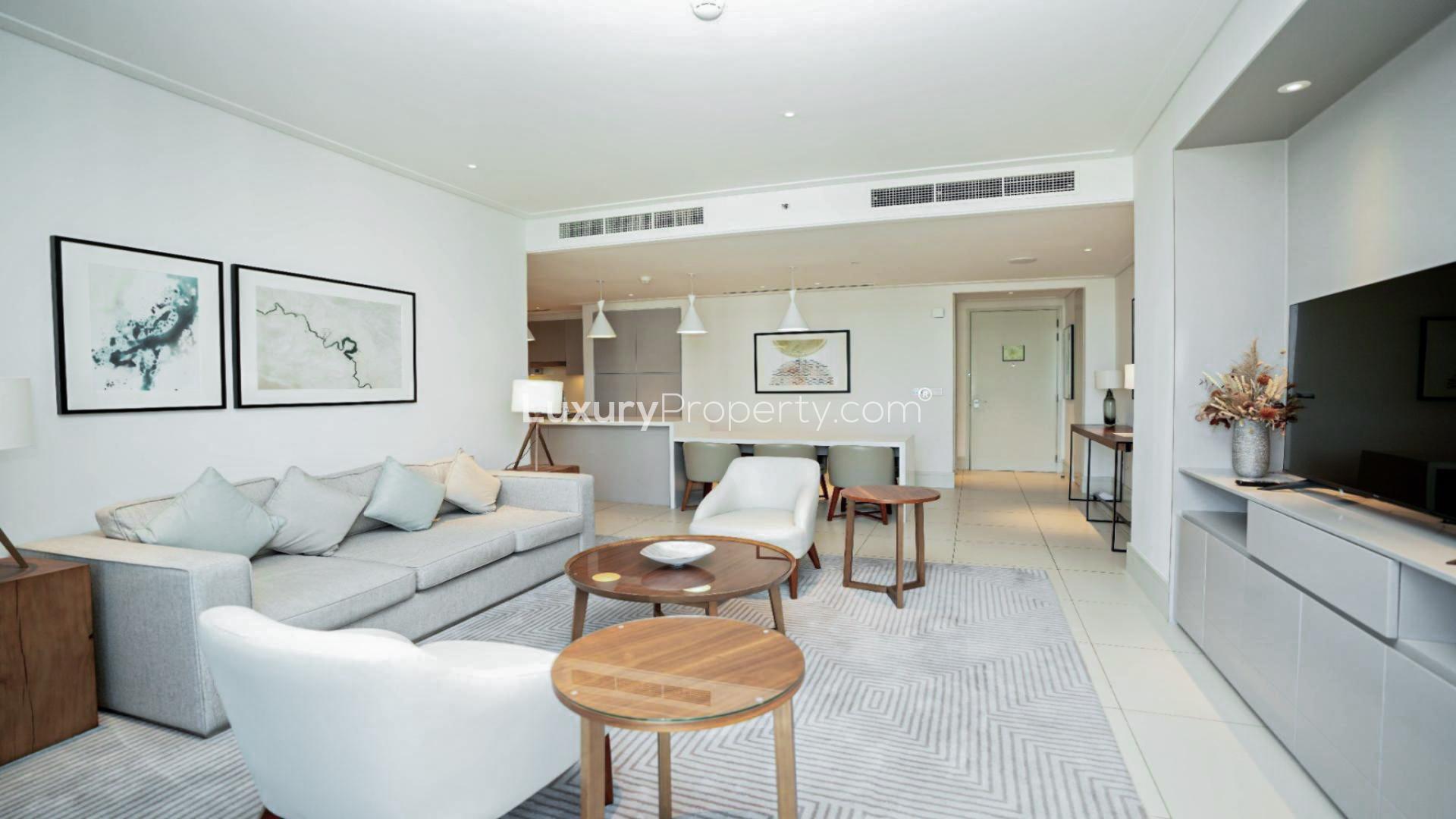 Fully furnished living room in 2-bedroom apartment, Vida Residence Downtown Dubai, modern decor