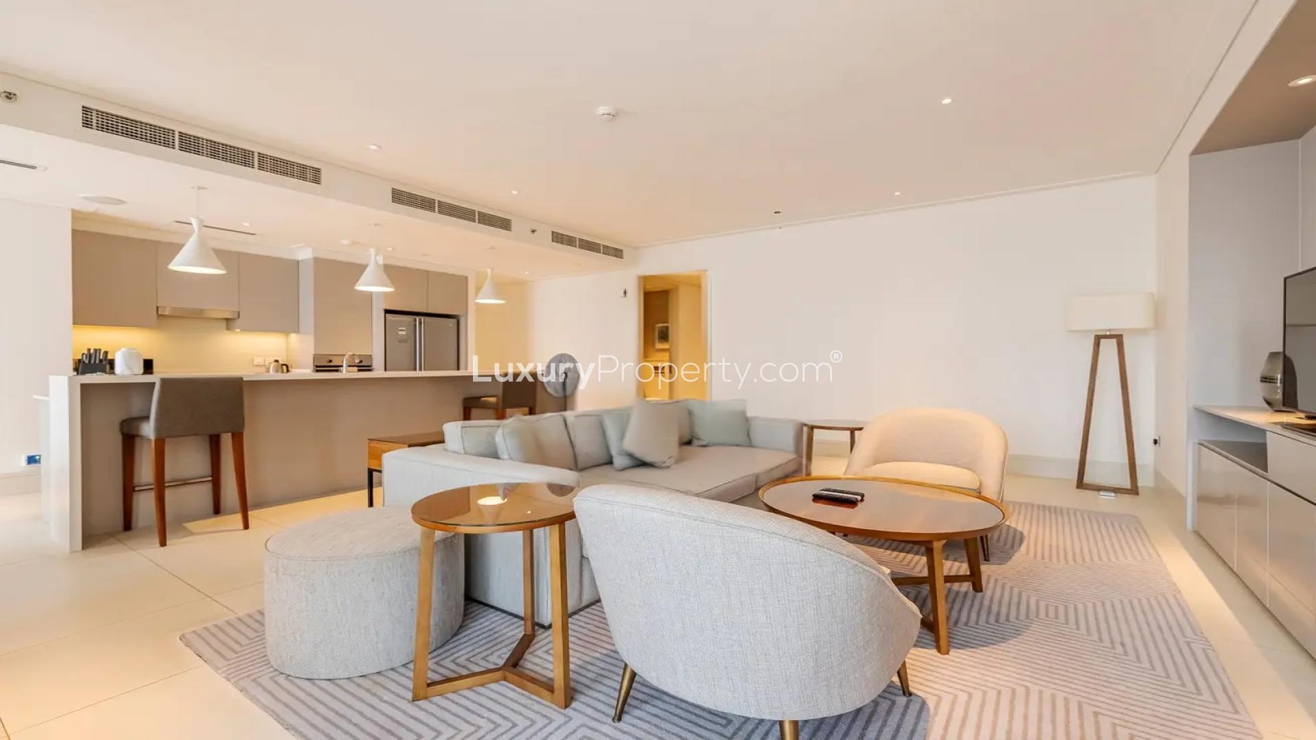 Balcony view from furnished 2-bedroom apartment, Vida Residence Downtown, overlooking Dubai skyline