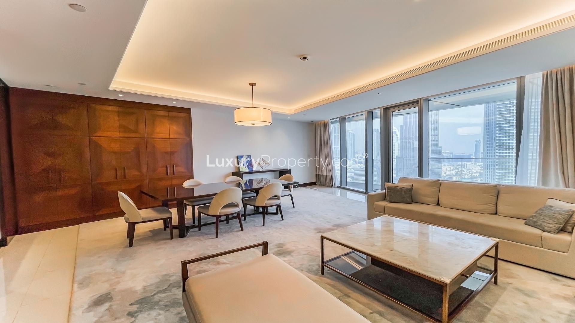Luxurious furnished apartment living room with Burj Khalifa views, Downtown Dubai, The Address Sky View