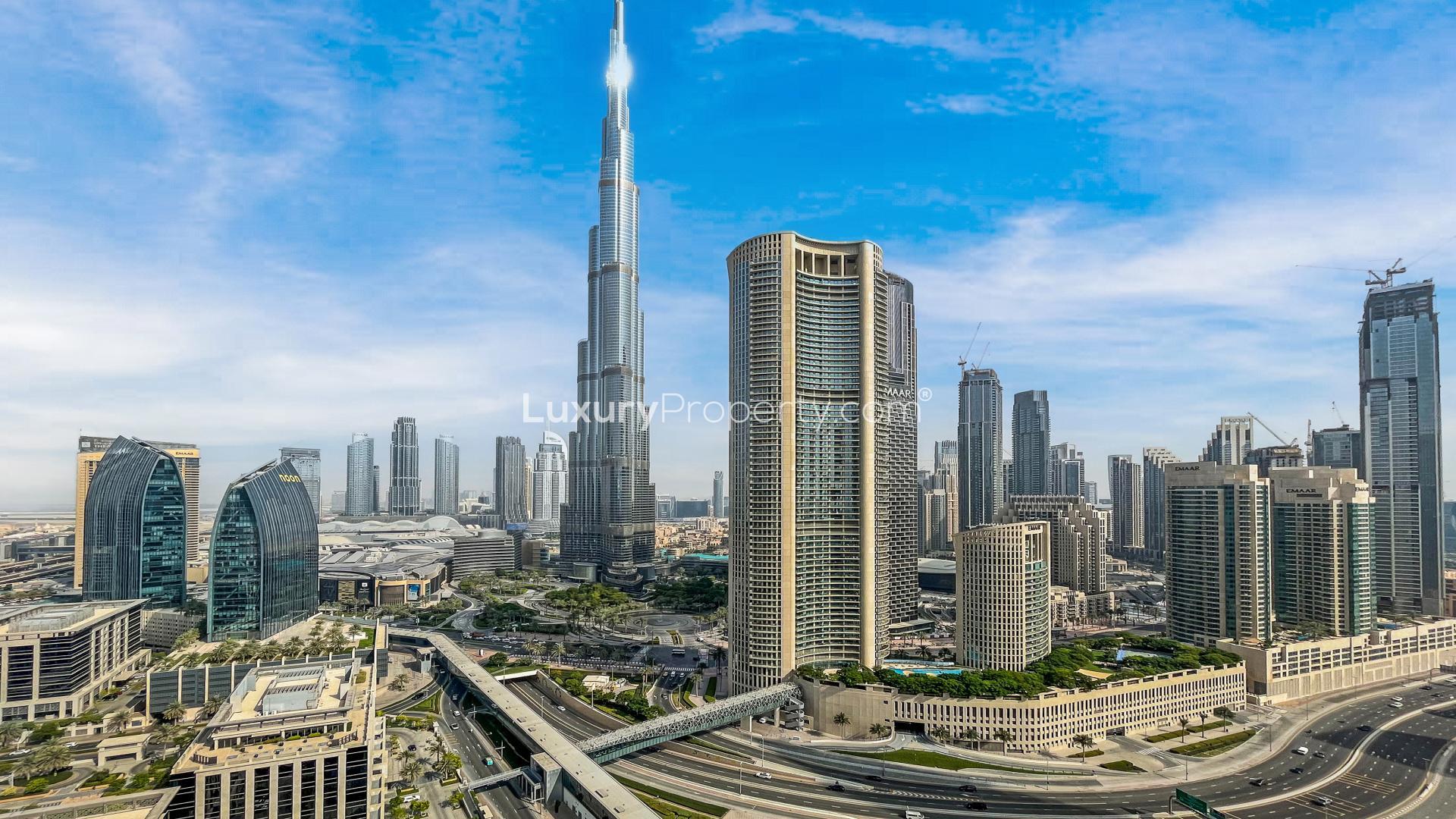 Luxurious furnished apartment living area with Burj Khalifa views, Downtown Dubai, for rent