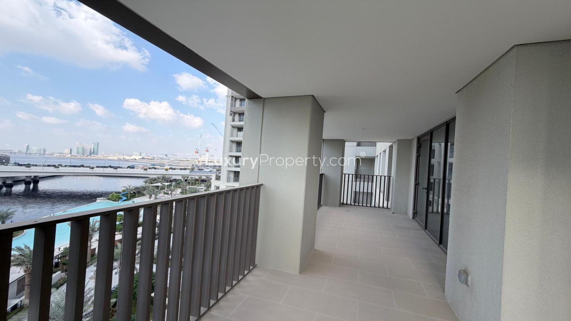 Spacious balcony view from Dubai Creek Harbour apartment at Grove, Creek Beach