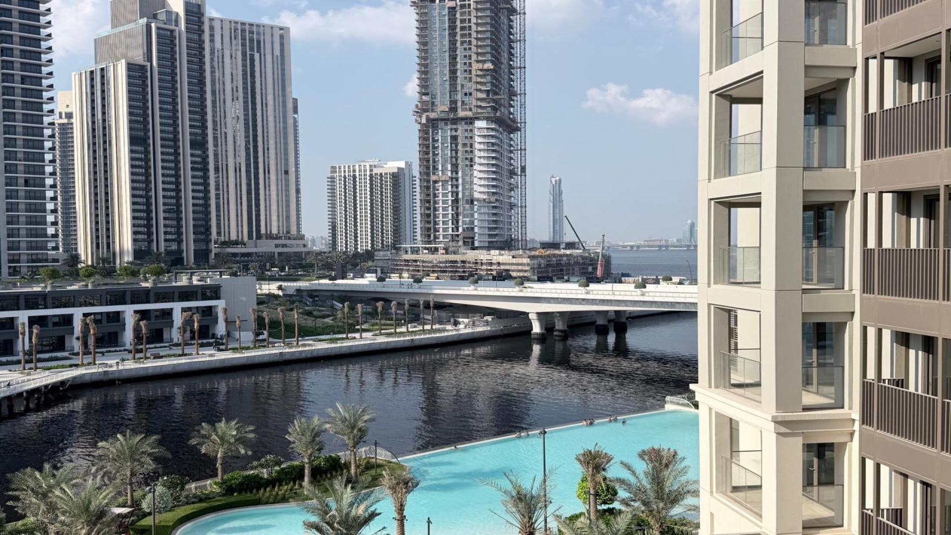 Apartment view of Dubai Creek Harbour skyline and waterway at Grove, Creek Beach
