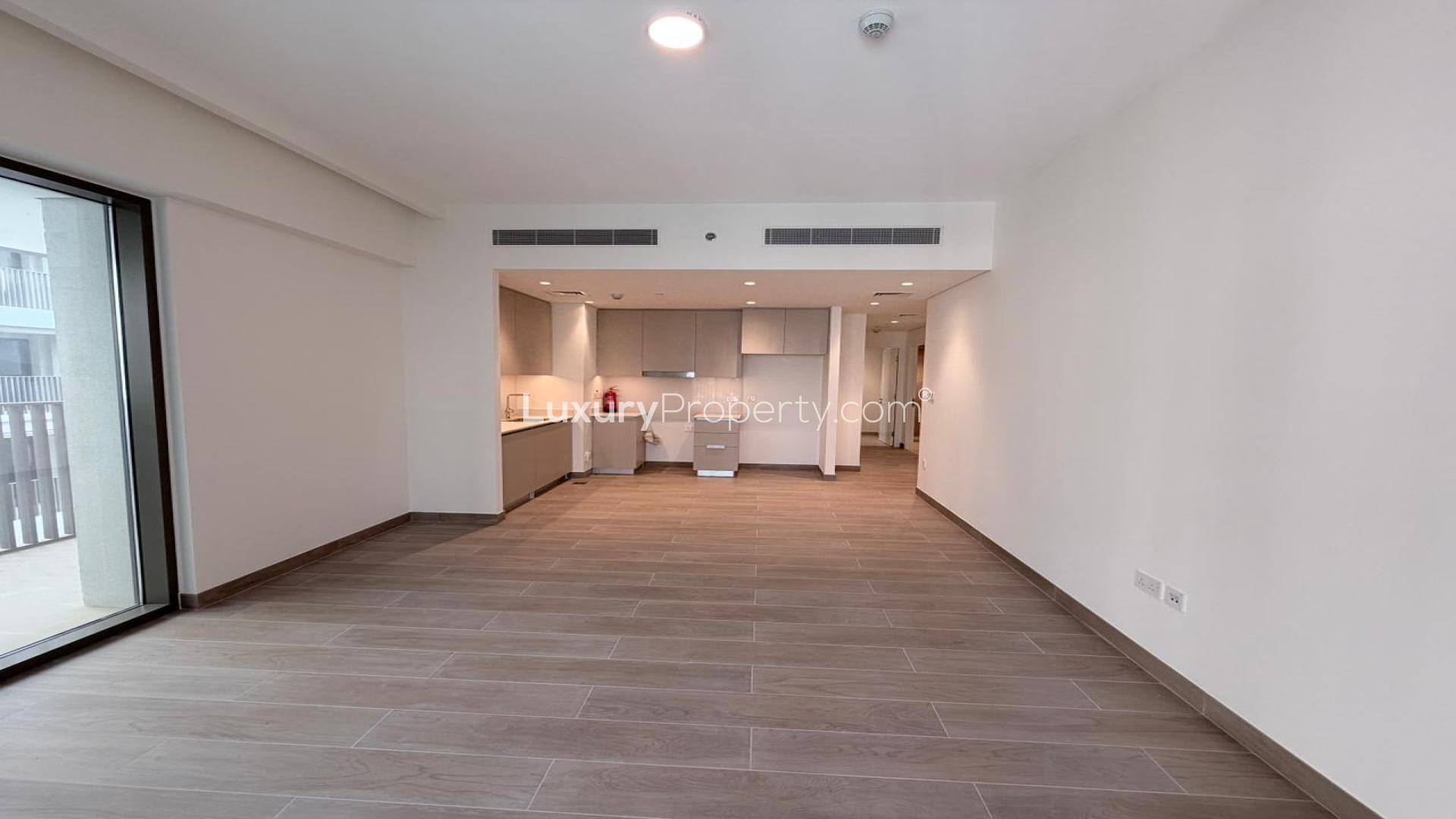 Apartment view in Dubai Creek Harbour, overlooking pool and waterfront, Grove at Creek Beach