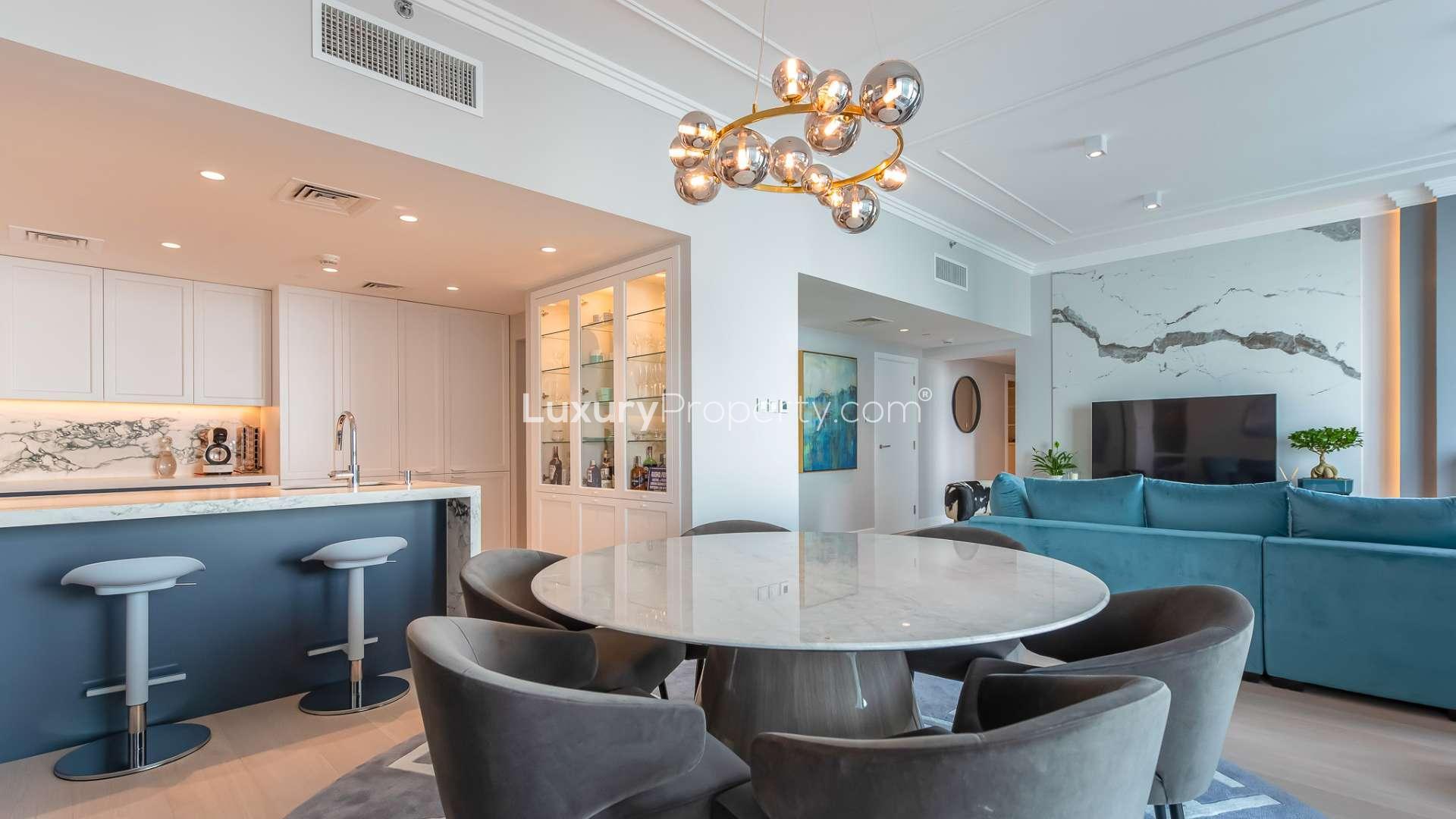 Furnished living room with modern decor in Al Bateen Residences, Jumeirah Beach Residence apartment