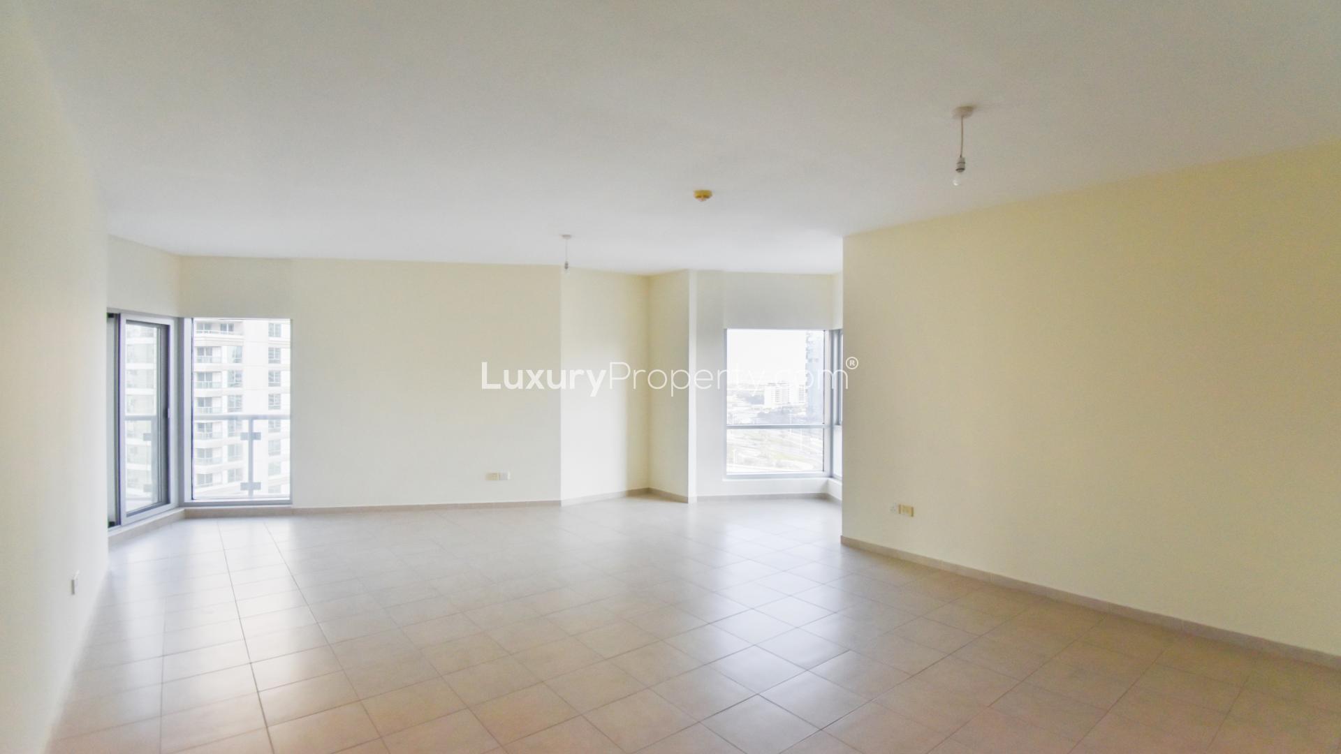 Modern Al Habtoor Tower apartment view, Business Bay skyline and marina, two-bedroom rental