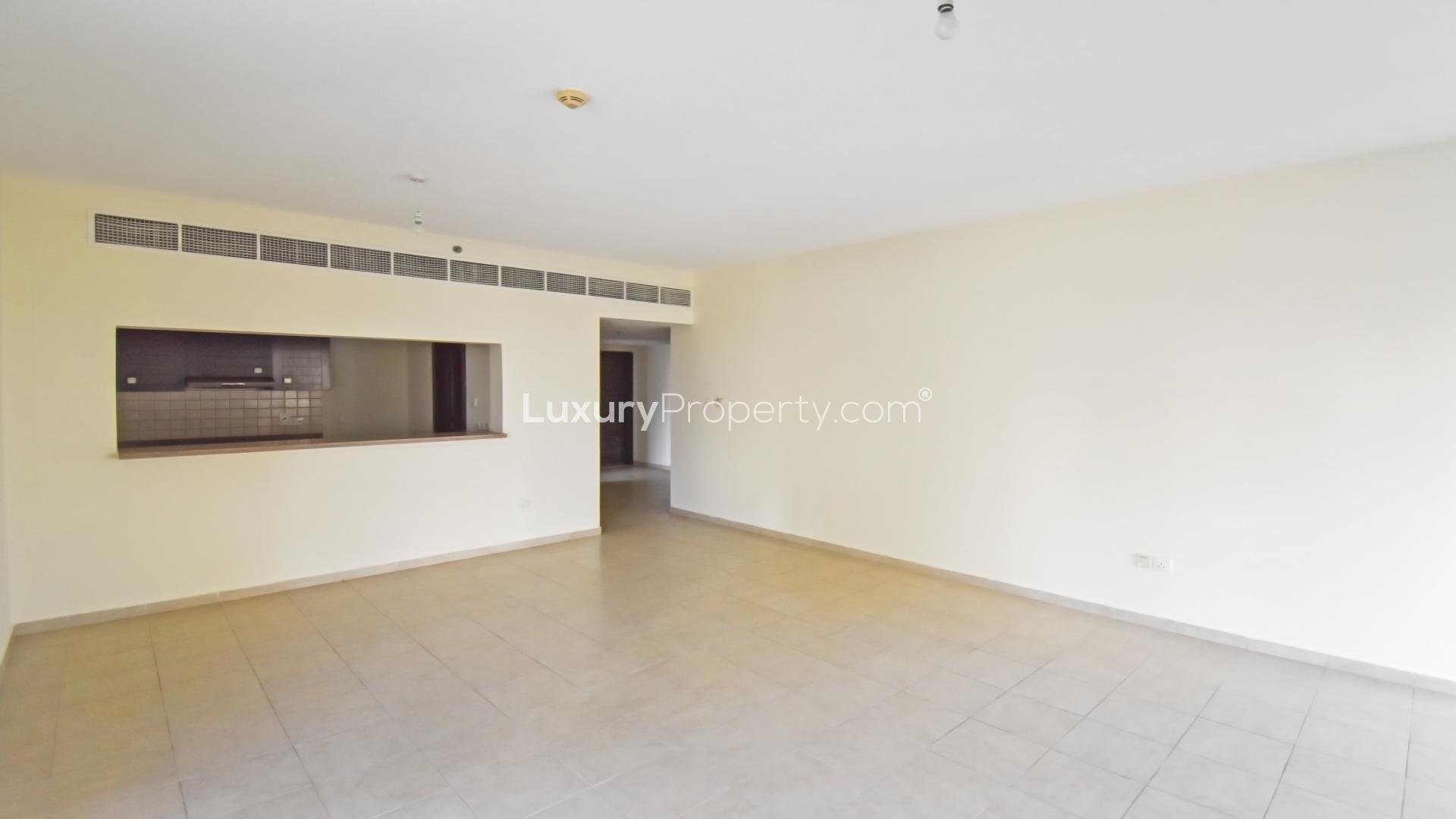 Empty living room in modern two-bedroom apartment, Al Habtoor Tower, Business Bay