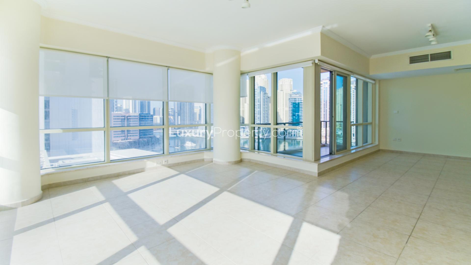 Balcony view from luxury 2-bedroom apartment overlooking Dubai Marina in Al Majara community