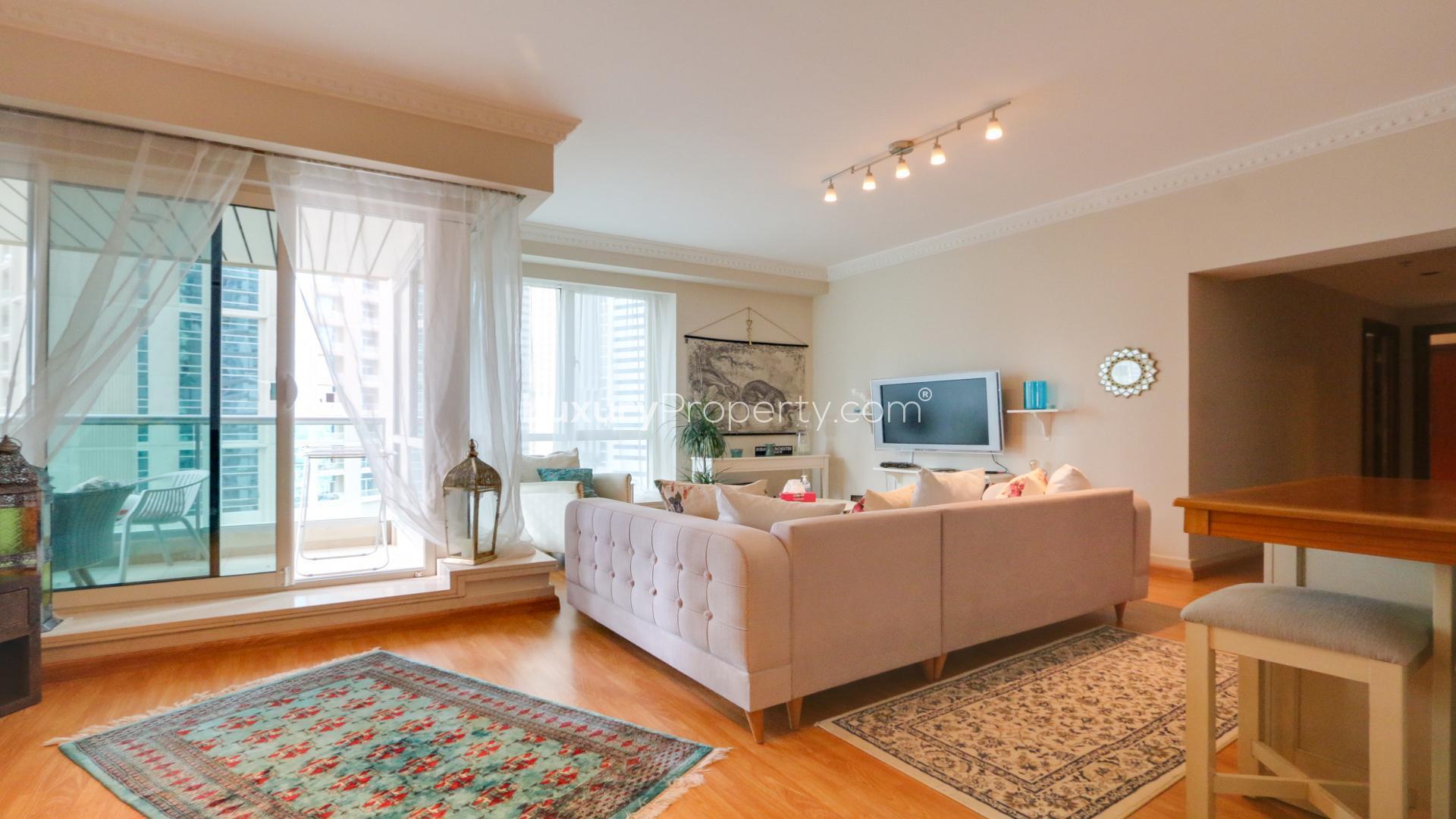 Furnished balcony with stunning view of Dubai Marina from Emaar 6 Towers apartment