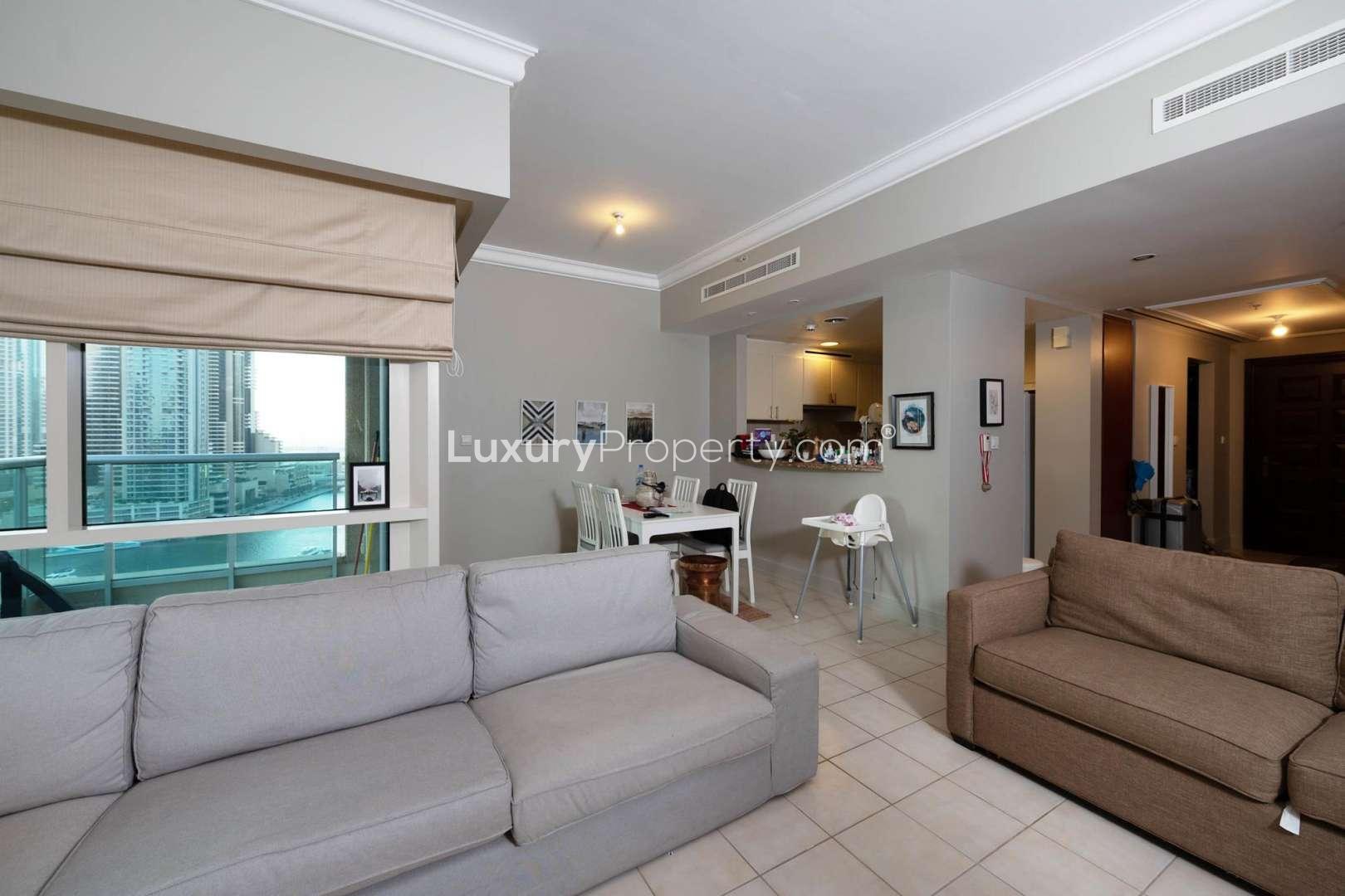 Spacious living room in 1-bedroom apartment, Emaar 6 Towers, Dubai Marina, for rent