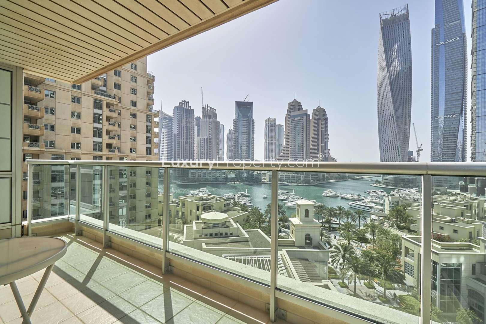 Furnished apartment balcony with stunning Dubai Marina views, Emaar 6 Towers, for rent
