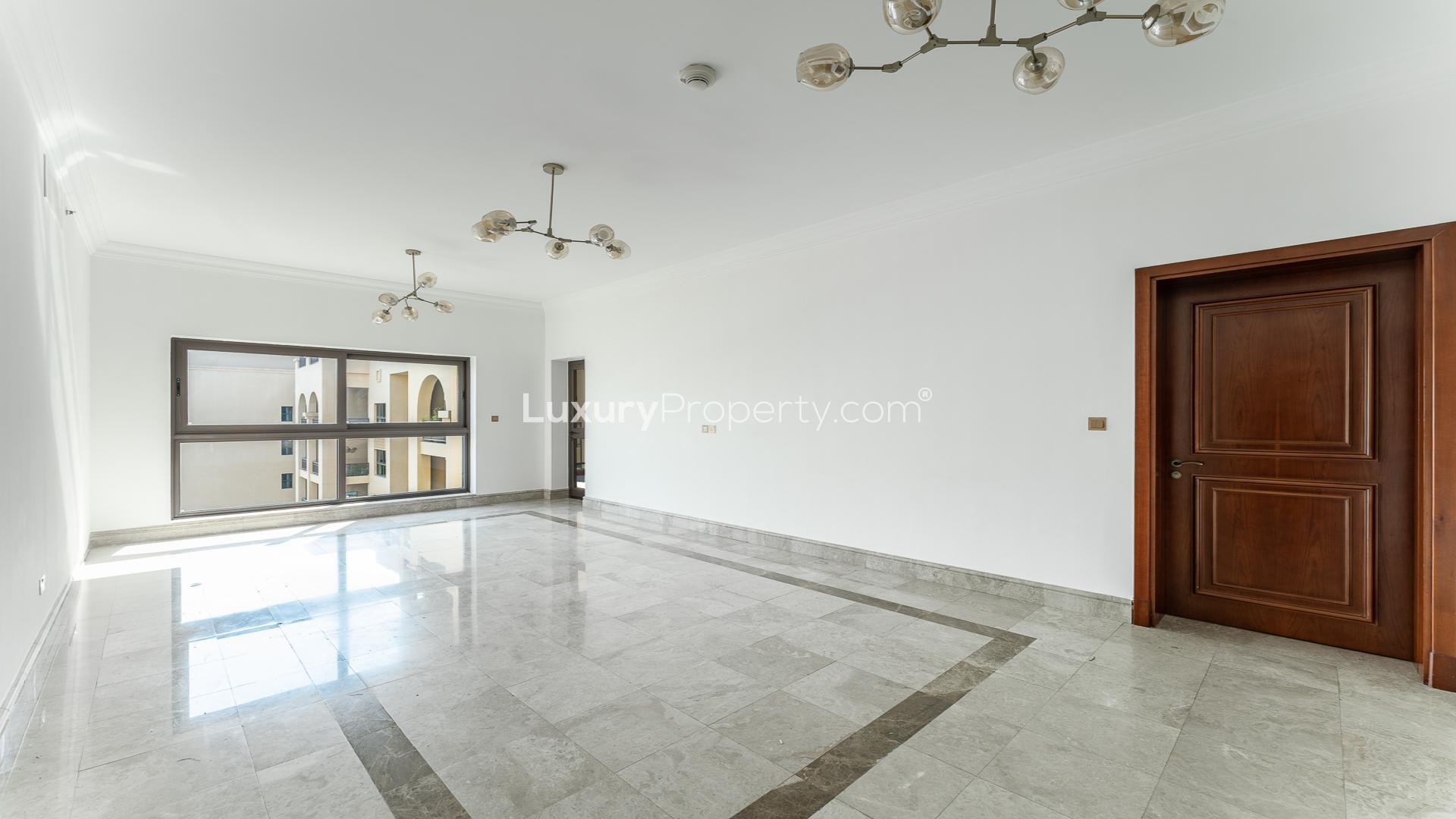 Balcony view from Fairmont North apartment, overlooking Palm Jumeirah and Dubai skyline
