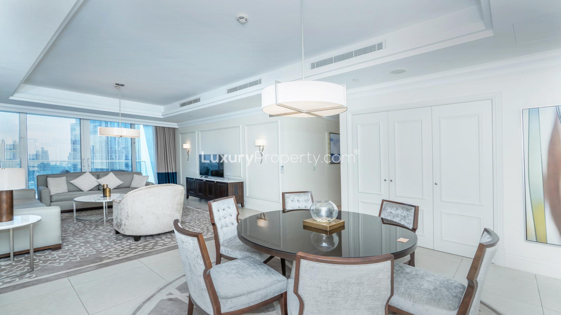 Furnished living and dining area in 2-bedroom apartment, The Address The BLVD, Downtown Dubai