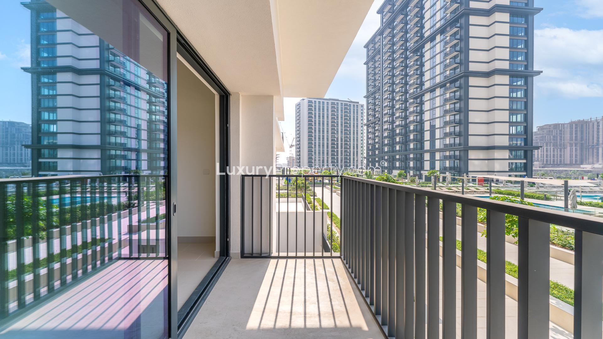 Modern apartment buildings and landscaped gardens in Park Field, Dubai Hills Estate