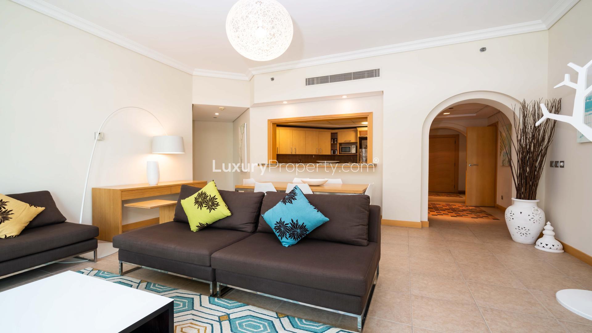 Beachfront view from 2-bedroom corner apartment balcony in Shoreline, Palm Jumeirah for rent