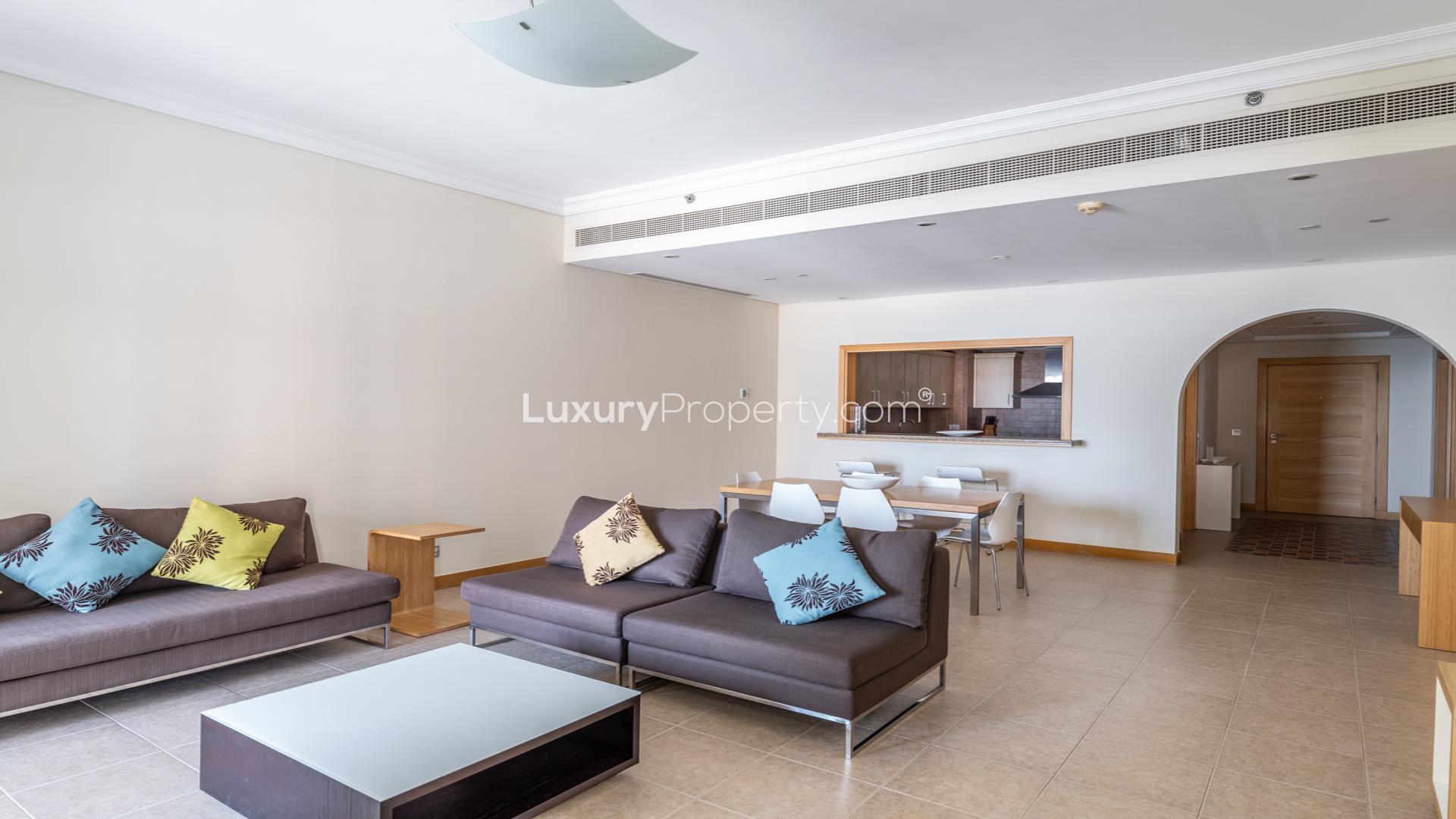 Stylish living room in 2-bedroom apartment, Al Das, Palm Jumeirah, with modern furnishings