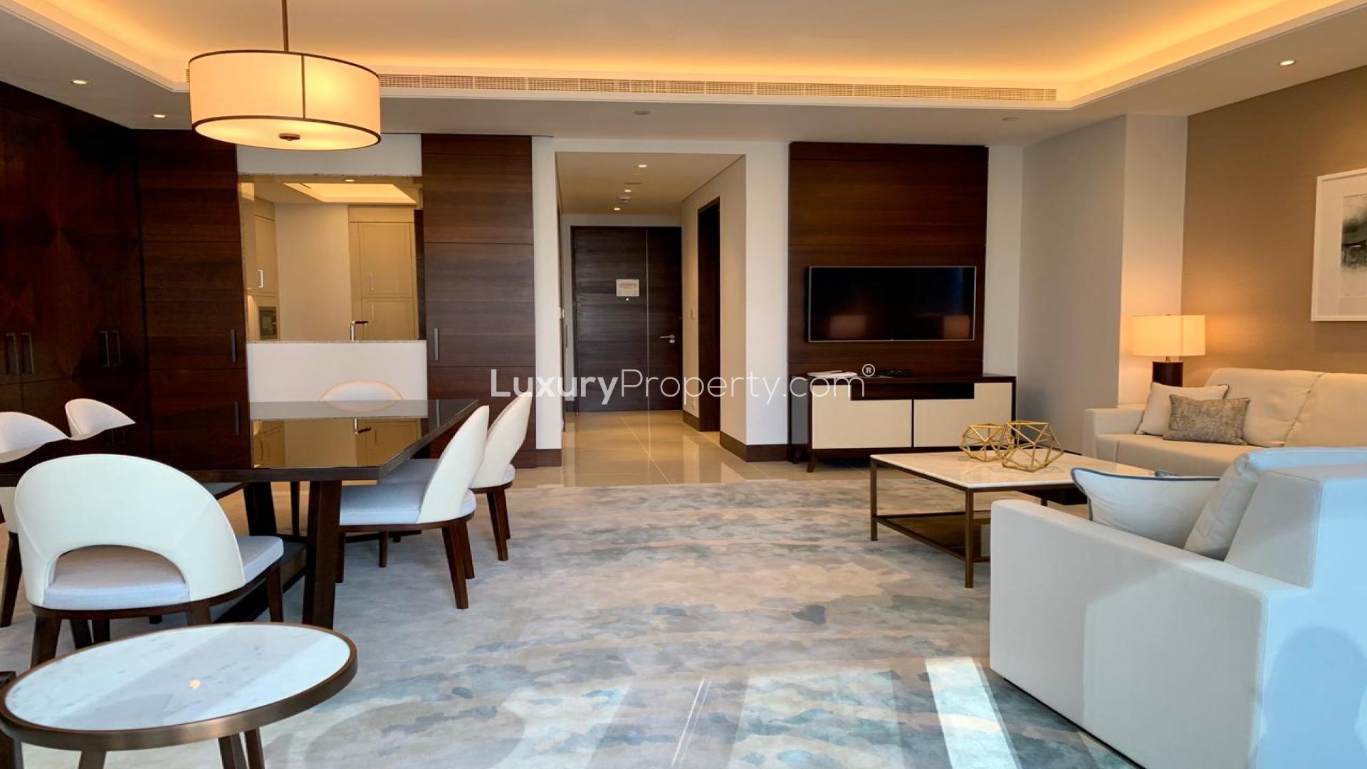 Modern living room with Burj Khalifa view in Downtown Dubai apartment for rent
