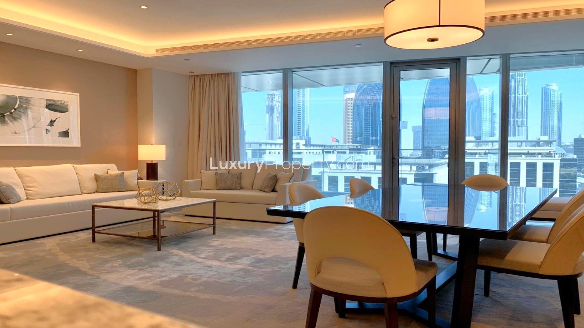 Modern living room in 2-bedroom apartment, Address Sky View Towers, Downtown Dubai