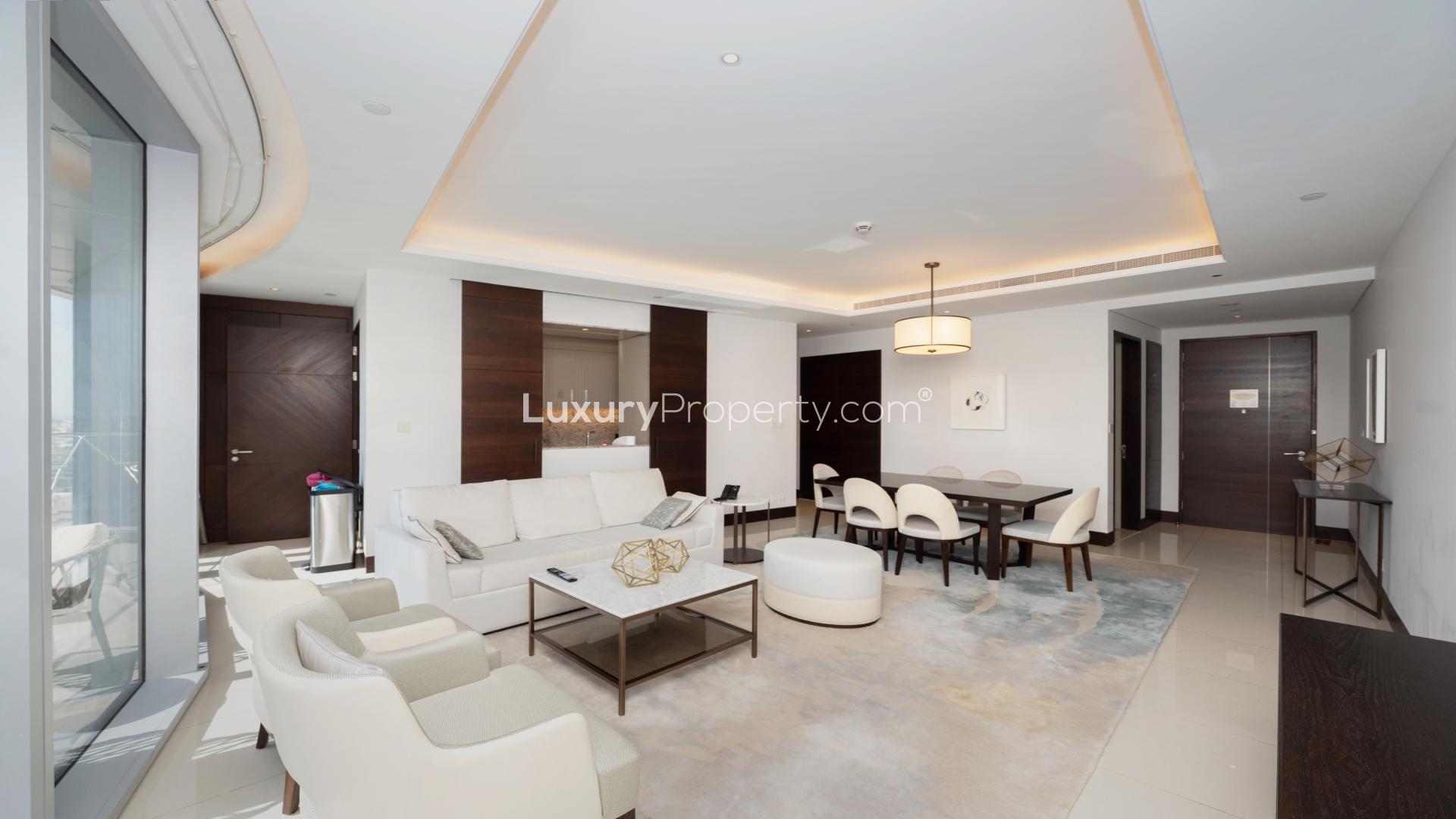 Balcony view from The Address Sky View apartment overlooking Downtown Dubai skyline