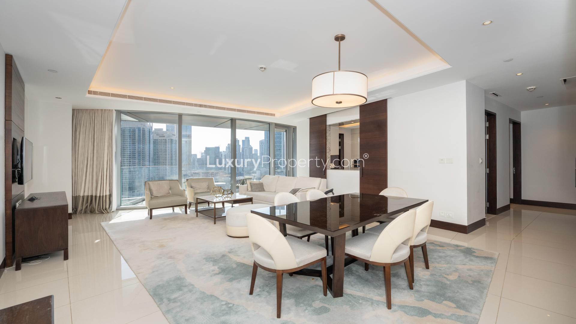 Spacious living room in 2-bedroom apartment, The Address Sky View, Downtown Dubai, for rent