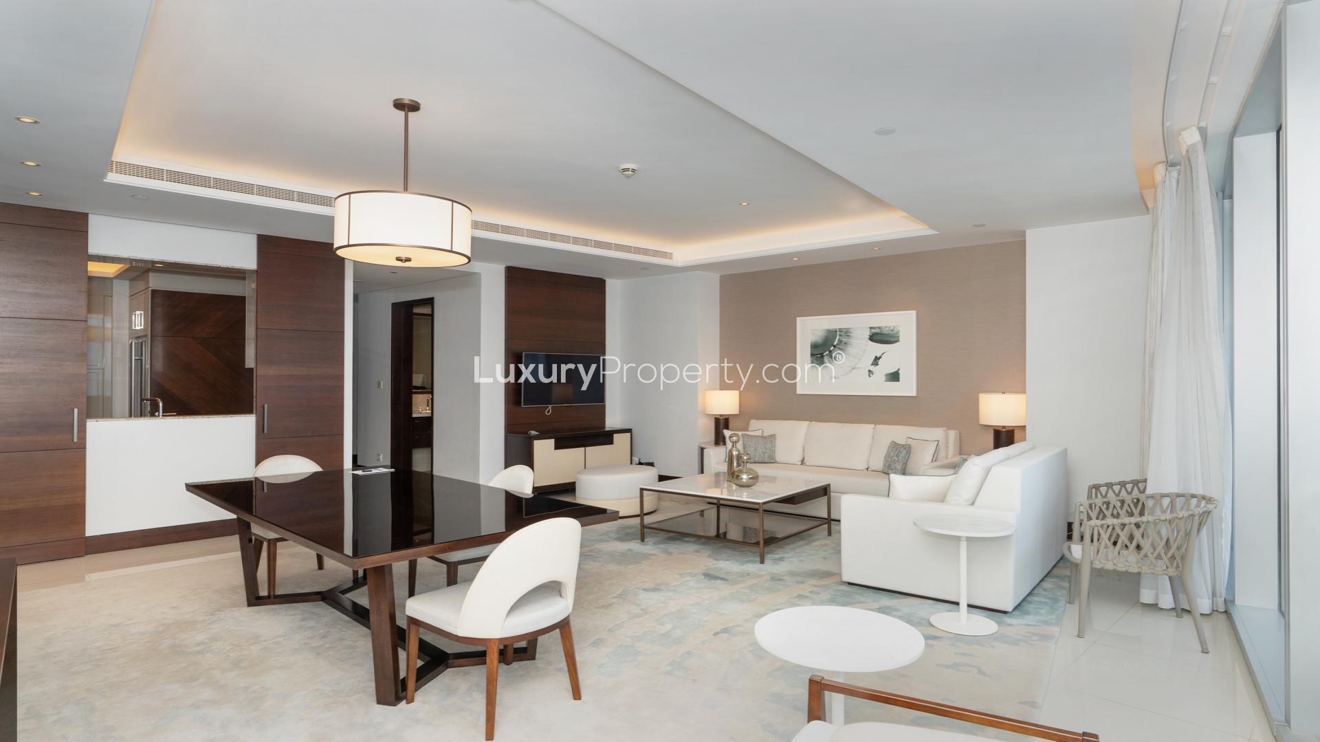 High-floor apartment balcony view of Burj Khalifa and fountain, Downtown Dubai, for rent