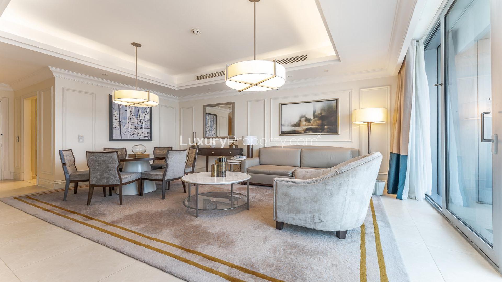 Elegant living room in The Address The BLVD apartment, Downtown Dubai, with modern furnishings