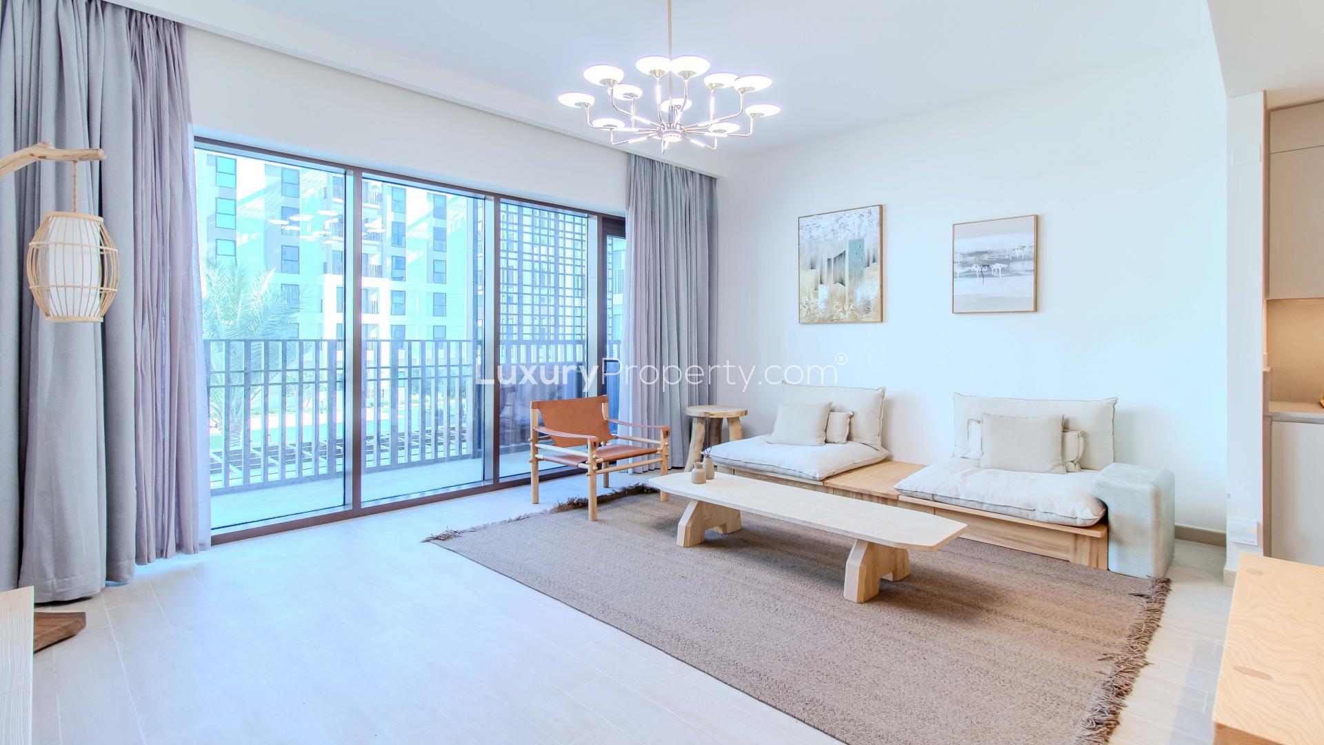 Furnished living and dining area in Creek Beach apartment, Dubai Creek Harbour, for rent