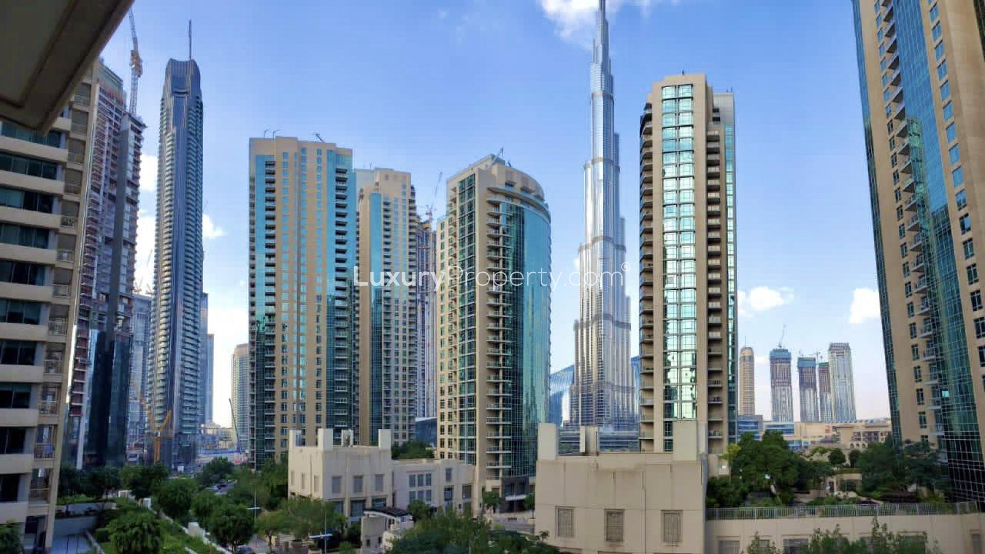 Spacious living room in Boulevard Central Towers apartment, Downtown Dubai with large windows