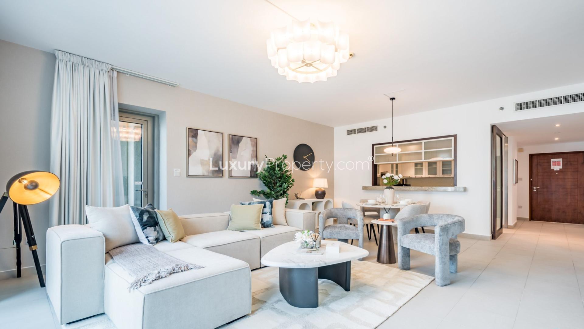 Furnished living room in Boulevard Central apartment, Downtown Dubai, with city view