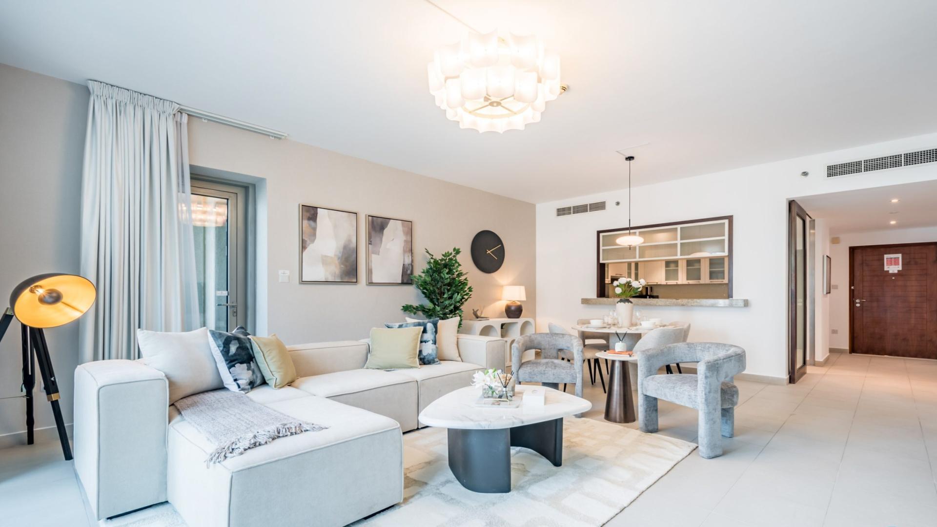 Furnished living room in Boulevard Central apartment, Downtown Dubai, with city view