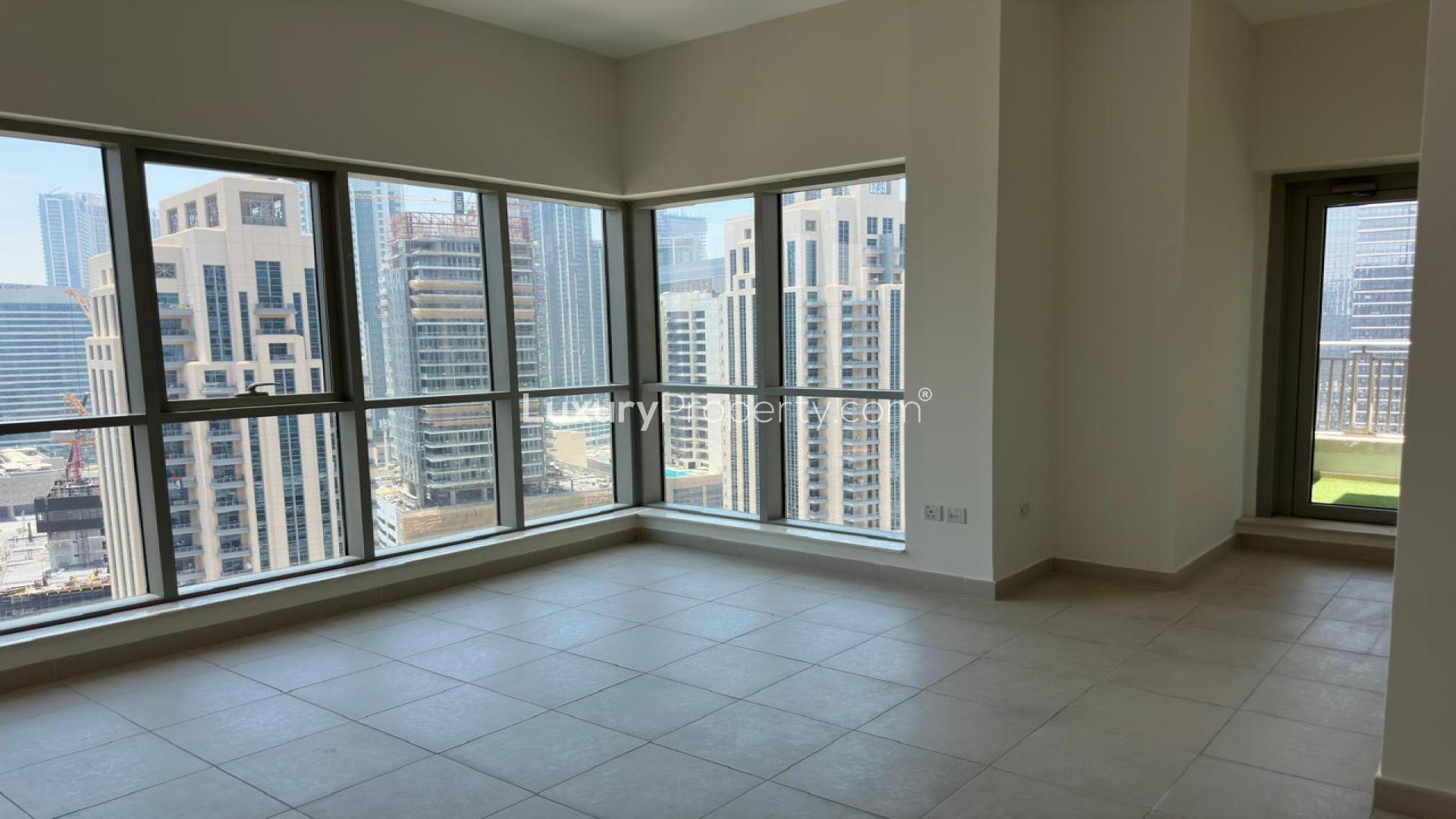 Balcony view from Boulevard Central Tower 2 apartment, Downtown Dubai, with city skyline