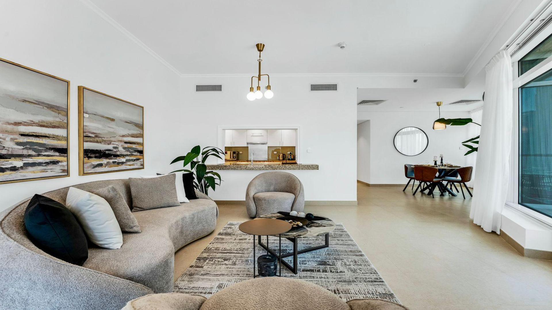 Modern living room in Burj Views apartment with Burj Khalifa view, Downtown Dubai