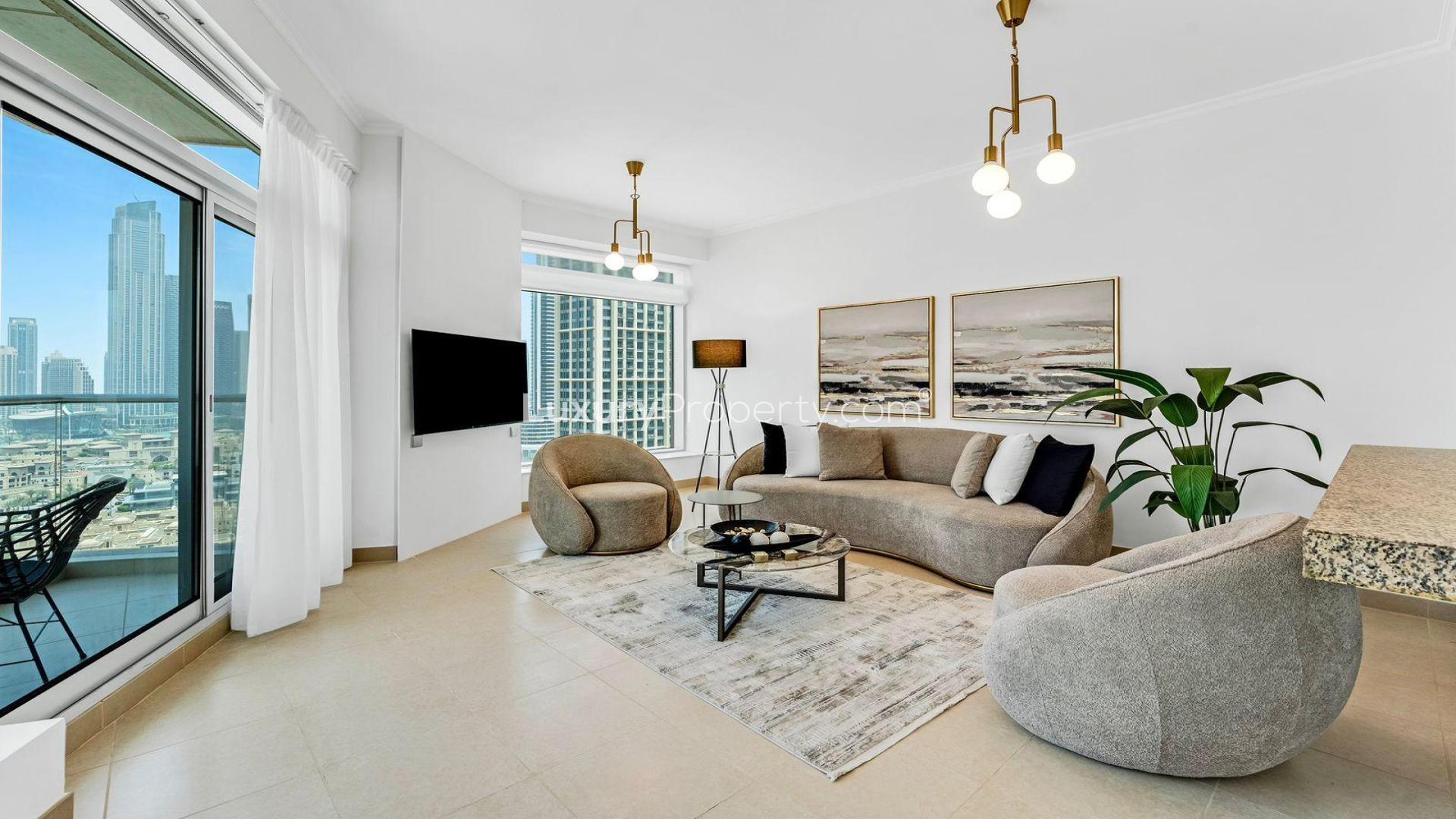Modern living room in Burj Views A apartment with Burj Khalifa skyline, Downtown Dubai
