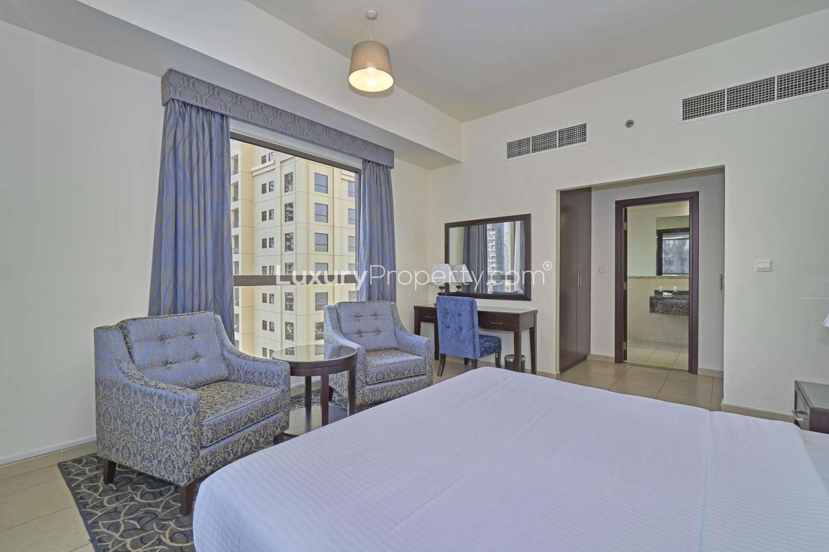 Stunning bedroom view in 2-bedroom Roda Amwaj Towers apartment, JBR, available for rent