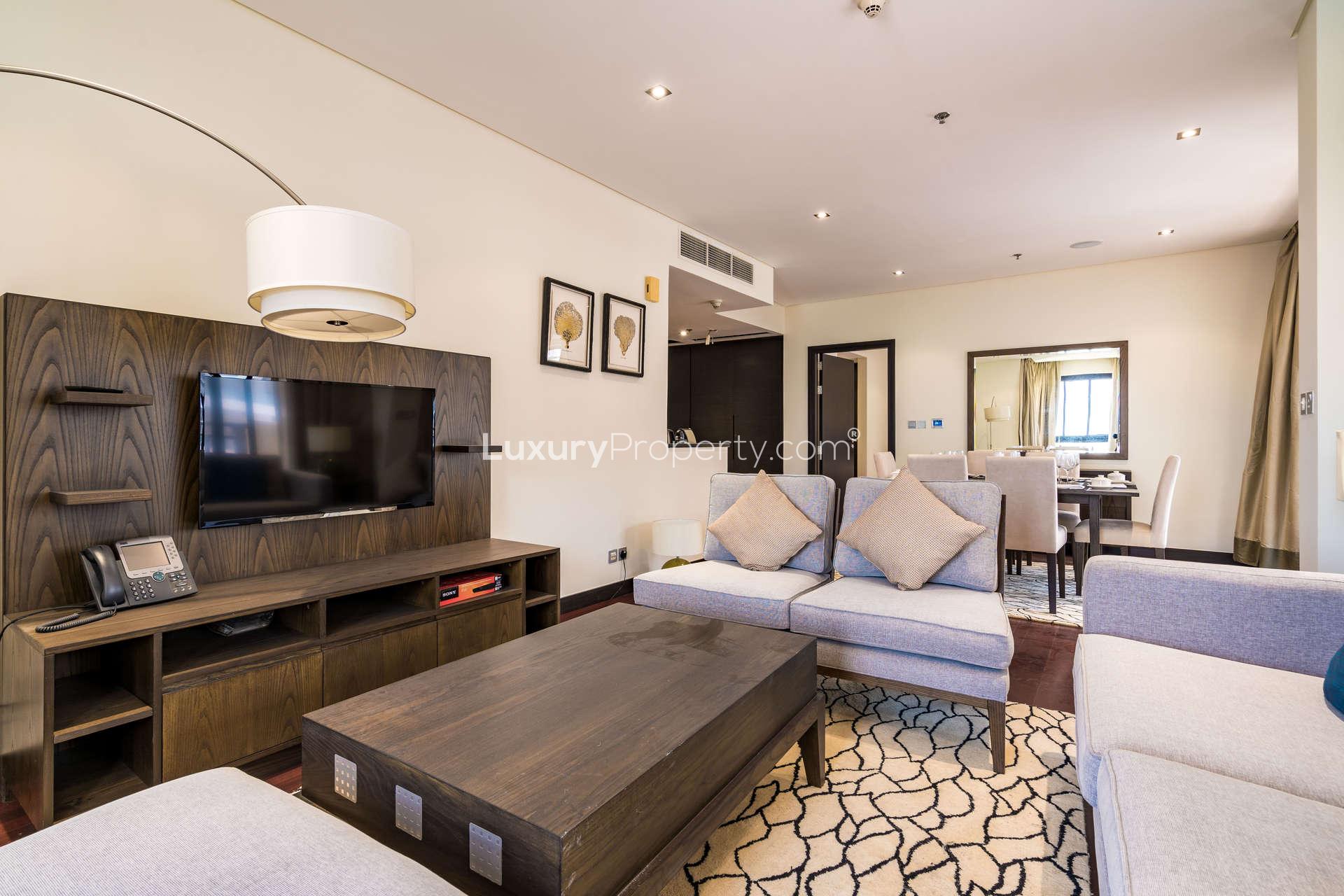 Spacious bedroom in 2-bedroom apartment, Anantara Residences, Palm Jumeirah, with modern decor and balcony