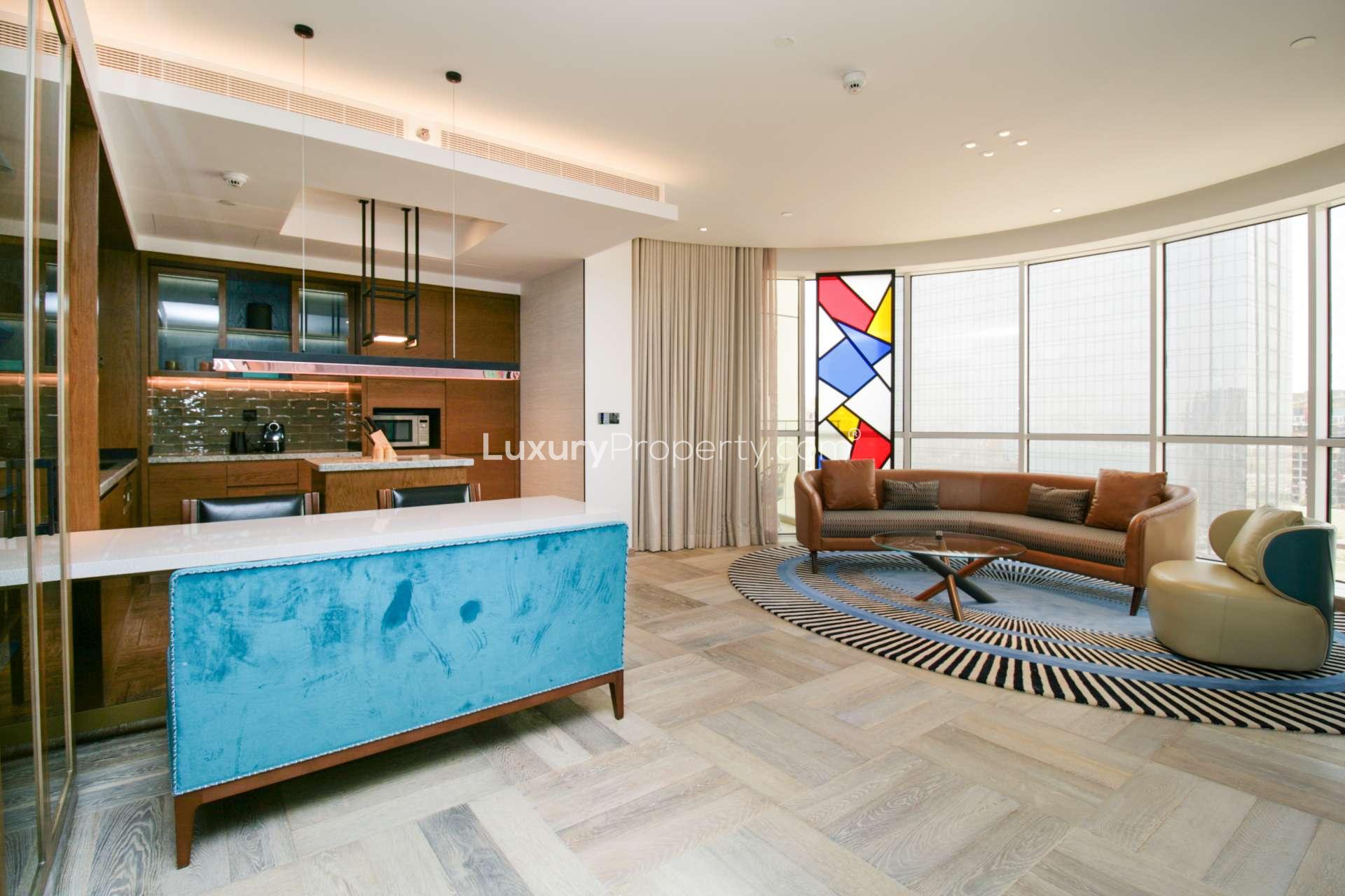 Luxury furnished living room in Andaz by Hilton apartment, Palm Jumeirah, with modern decor