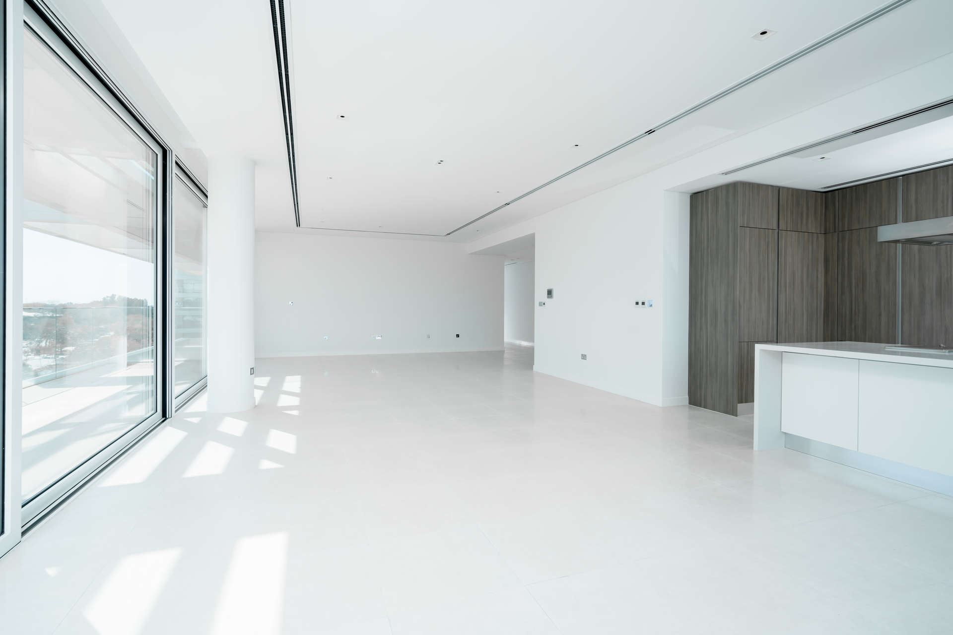 Empty room with large windows in 2-bedroom apartment, Ashjar, Al Barari, for rent