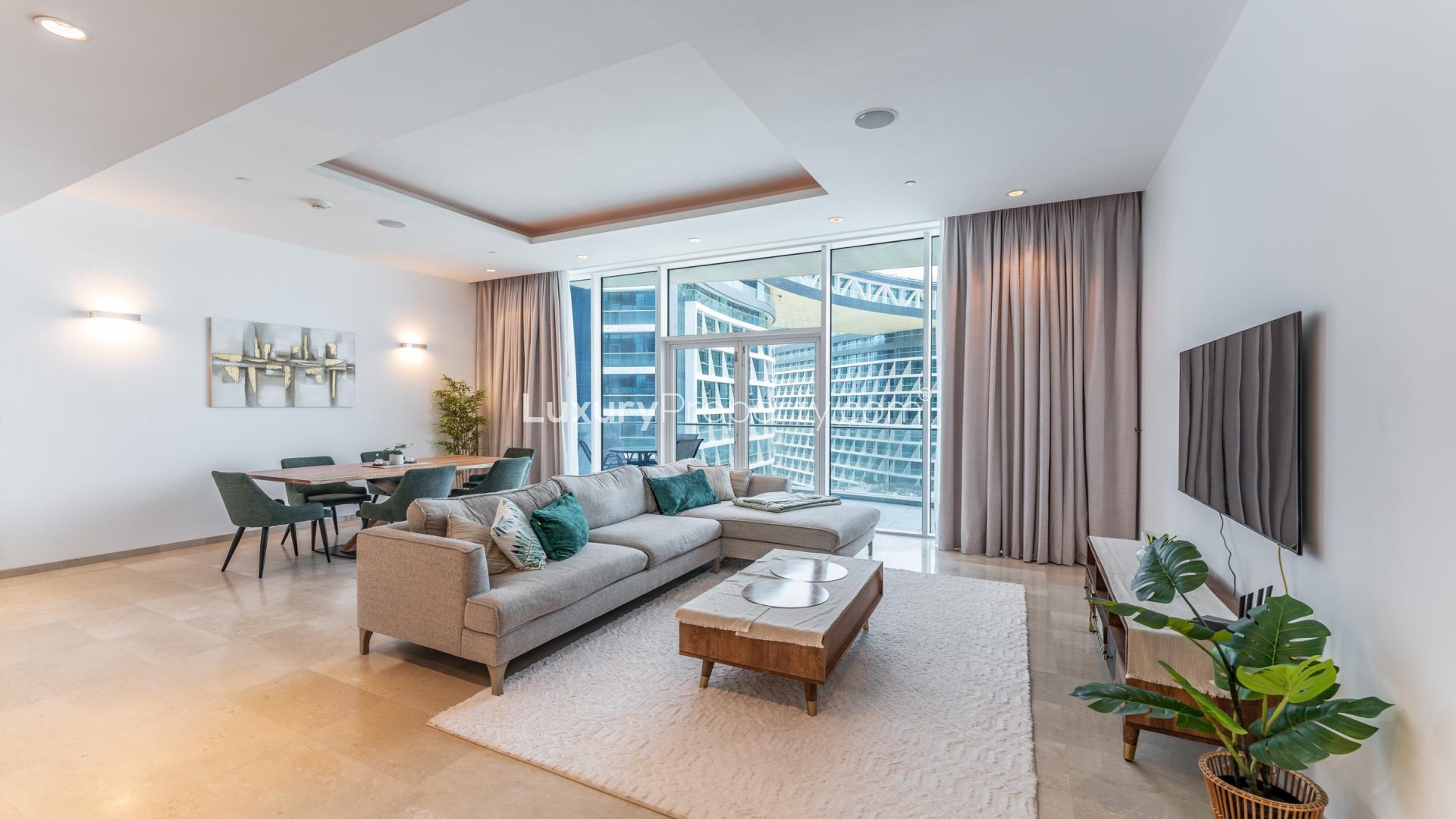 Elegant living and dining area in Oceana, Palm Jumeirah 2-bedroom apartment for rent