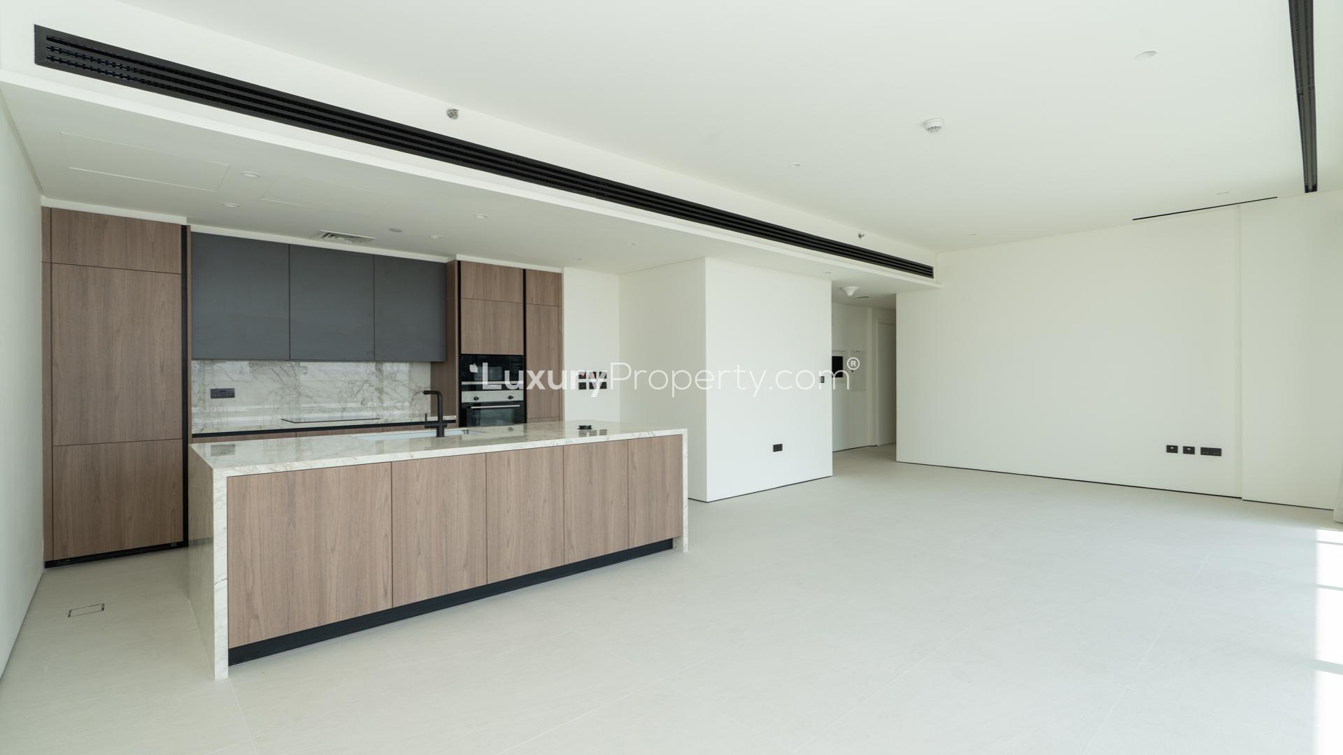 Modern kitchen in luxury apartment, Dubai Hills Estate, Park Lane, marble countertops, spacious layout