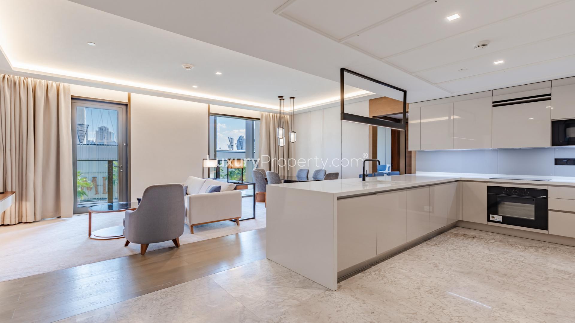 Luxurious living room in 2-bedroom apartment, Bluewaters Dubai, modern furnishings and open layout