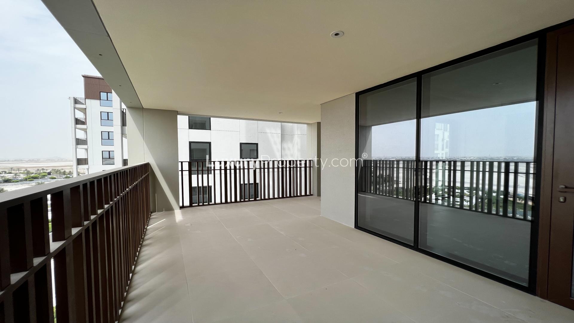 Spacious balcony view from luxury apartment in Bayshore, Dubai Creek Harbour, for rent