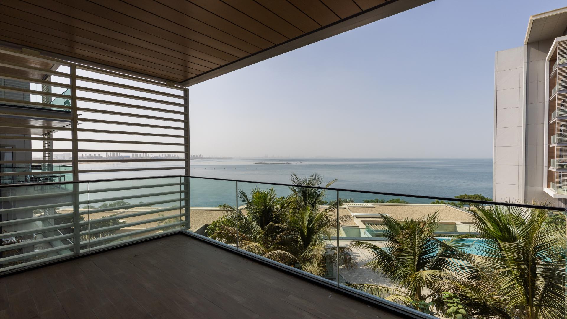 Apartment balcony view with sea and modern architecture in Bluewaters Residences, available for rent