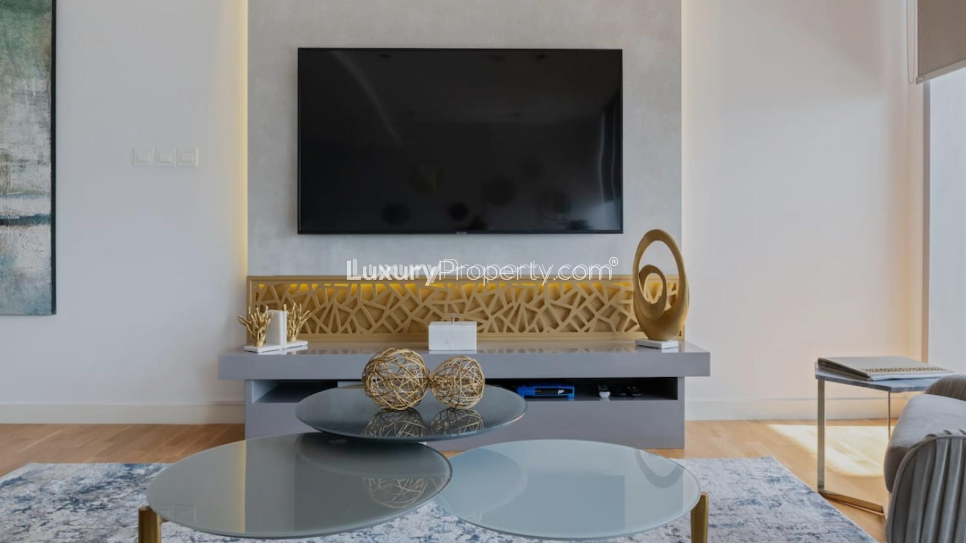 Modern living room with sea view in Bluewaters Residences apartment for rent